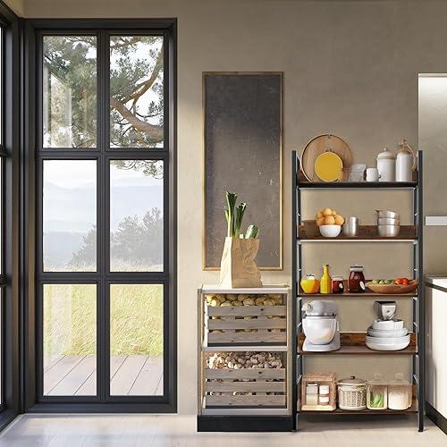 Miniatura 8 de Himimi Estantería de escalera, estantería industrial de 5 estantes, estantería de madera y metal, estante de flores para plantas, estantes de