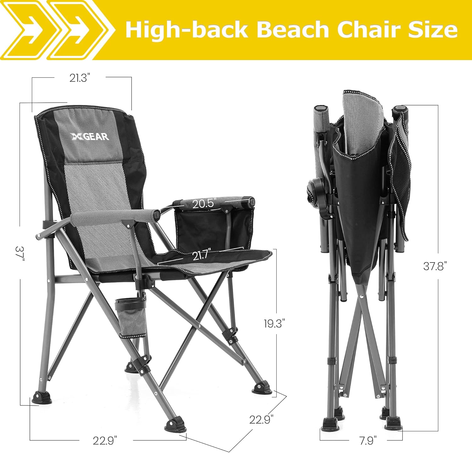 XGEAR High Back Camping Chair Hard Arm Folding Chair Portable Camp Chair with Mesh Back, Support to 300 lbs (Cool Grey) : Sports & Outdoors