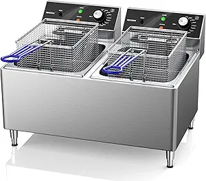 Deep fryer Commercial Deep Fryer 12L x 2/25.4QT Dual Tank Electric Deep Fryers with Basket Electric Countertop Fryer for Restaurant with 2 Frying Baskets, 3300W x 2, 240V Two 6-15 Phase Plugs
