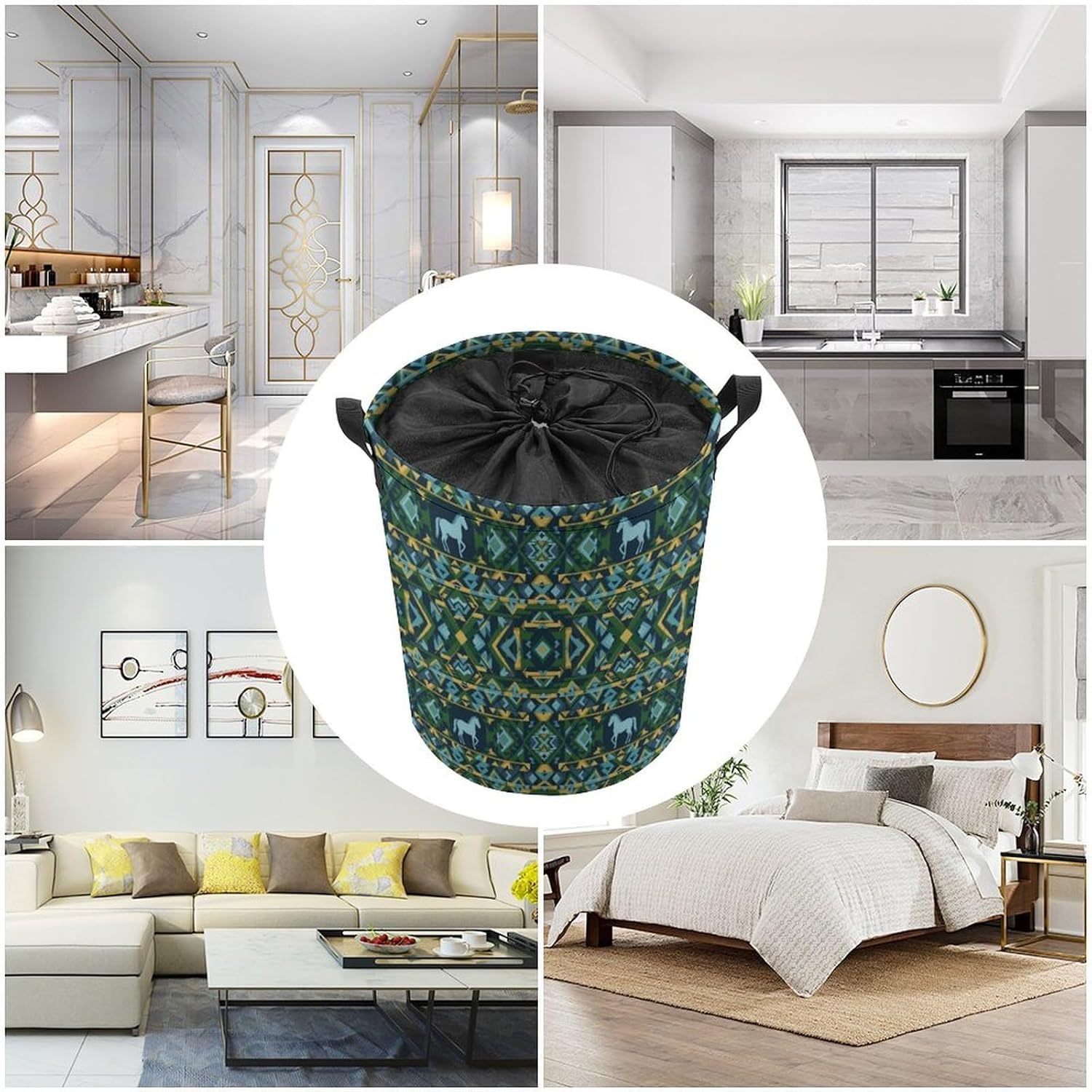 Large Laundry Basket, Teal Green Native American Tribal Ethnic Western Horse Drawstring Laundry Hamper, Waterproof Storage Baskets with Handles for Household Bedroom, Bathroom, Dorm