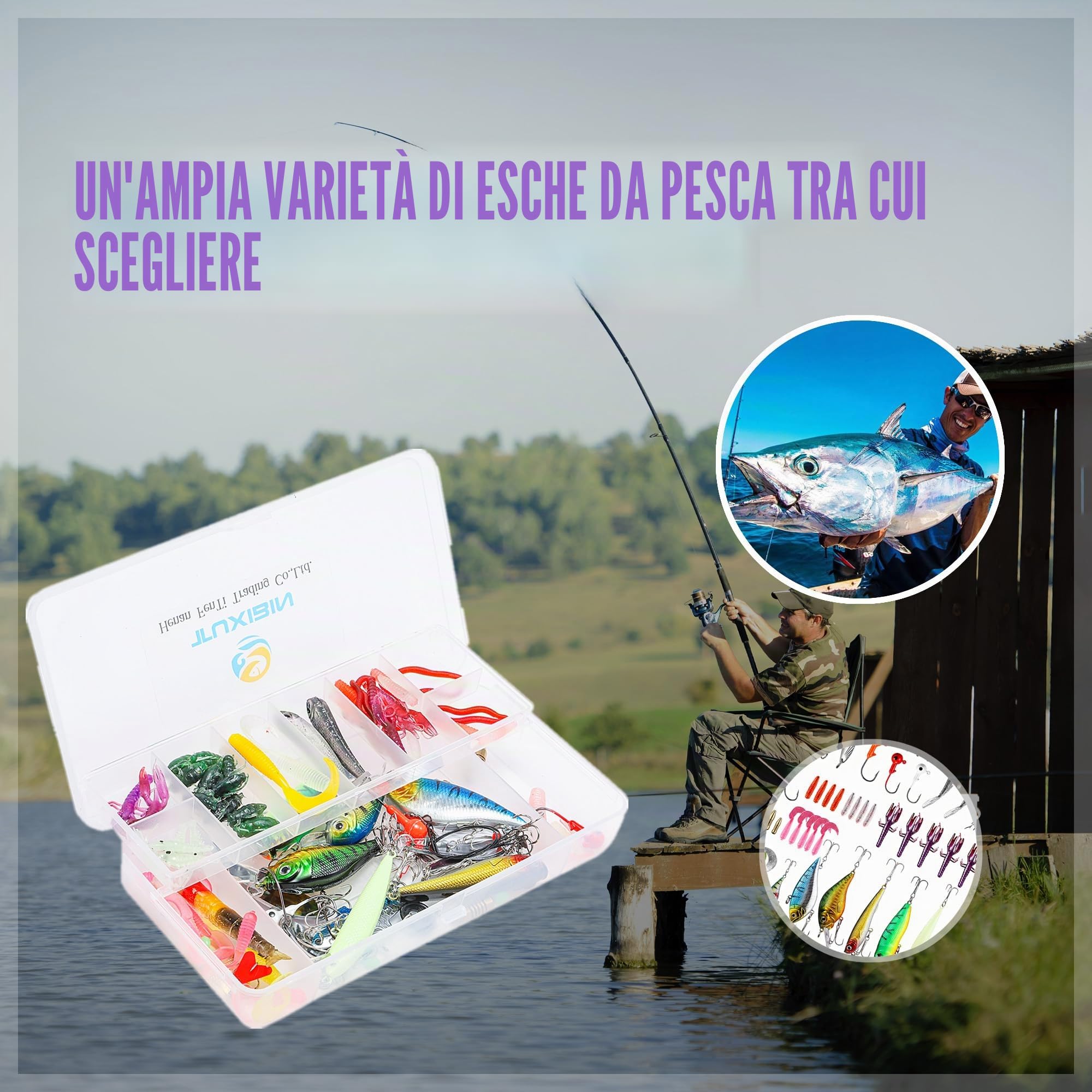 101 pezzi Set di esche da pesca misti universali con scatola per attrezzi, inclusi filatori, vermi, cucchiai, esche rigide, esche affondanti, ecc.