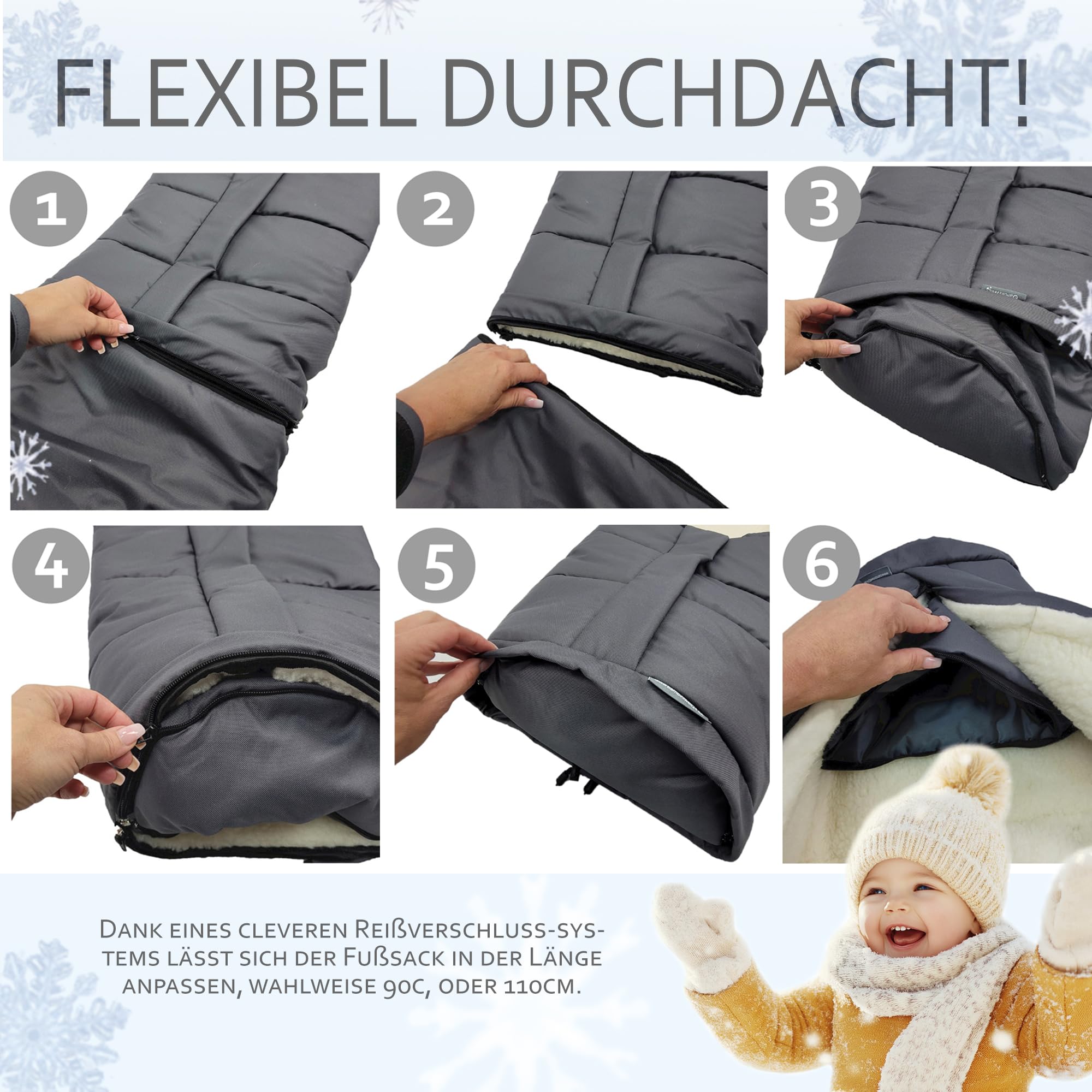 BambiniWelt by Rafael K. Winterfußsack – universaler Fußsack für Kinderwagen, Buggy & Schlitten in Mumienform – Lammwolle, größenverstellbar (90–110 cm), warm, waschbar & windabweisend (schwarz)