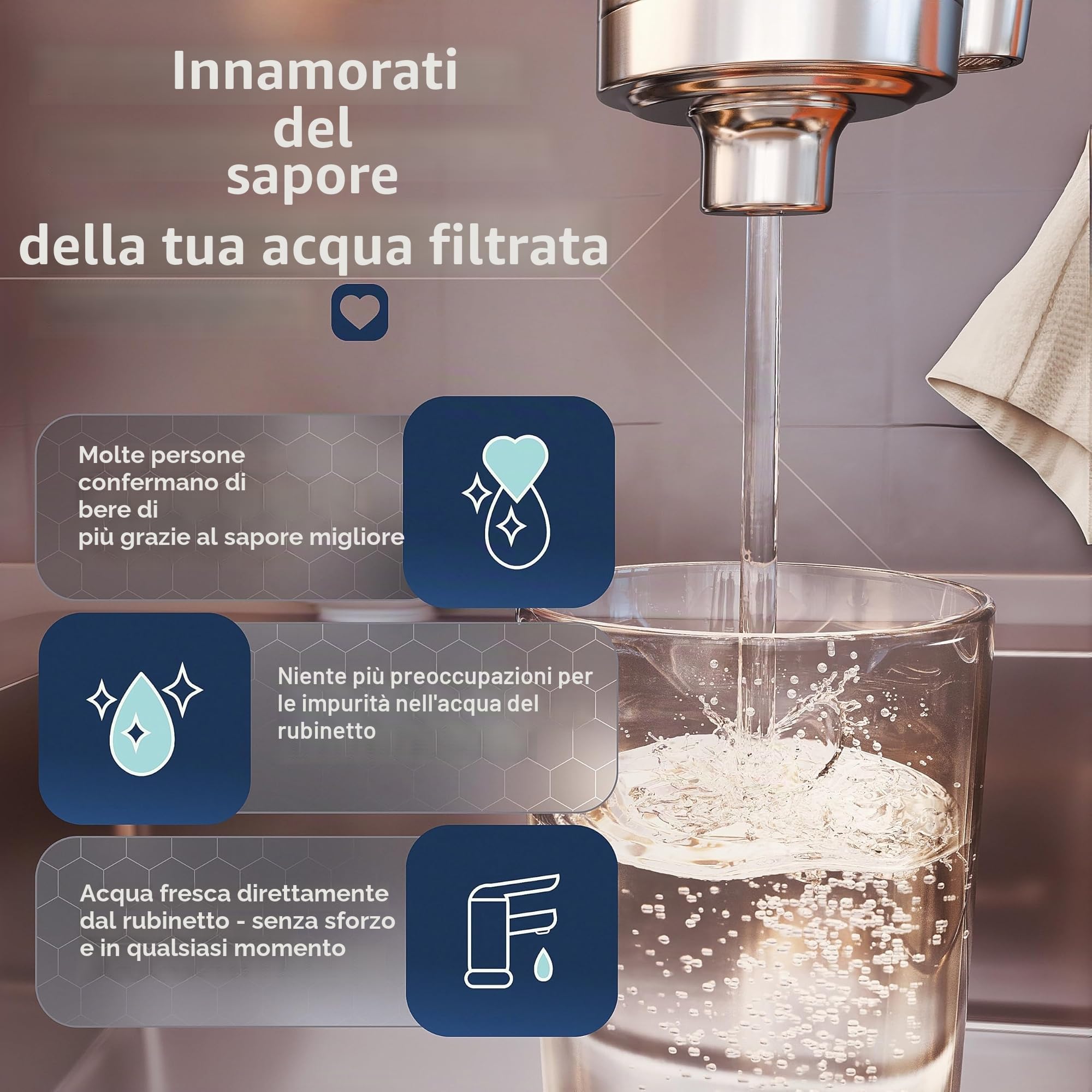 VILTARO Filtro acqua rubinetto – filtro a carbone attivo, rubinetto con cartuccia, senza BPA, in acciaio inox, facile da montare, rimuove le sostanze nocive