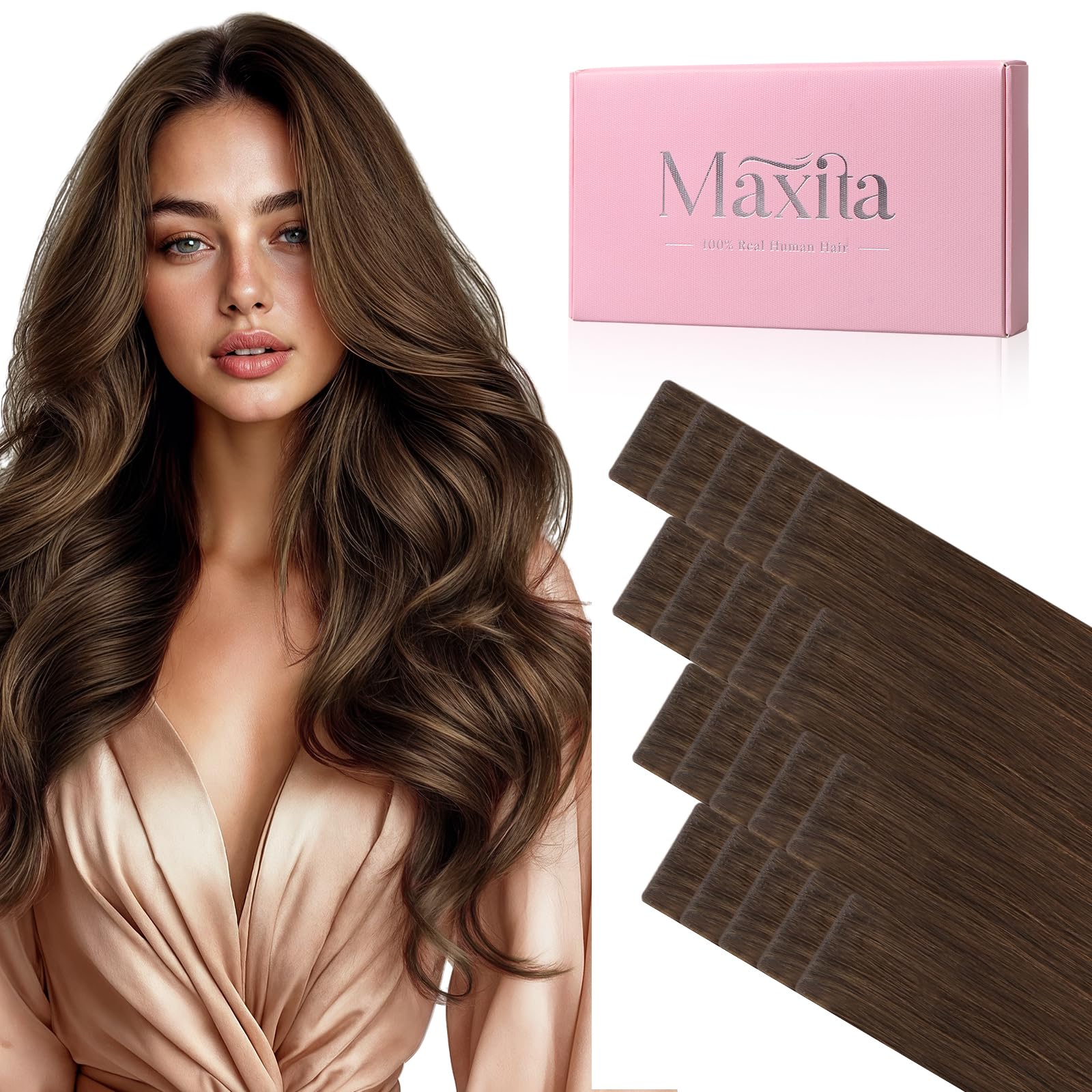 MAXITA Invisible Tape in Human Hair Extensions Chocolate Brown Seamless Injected Tape ins Real Human Hair Straight Thick Ends invisible Hair