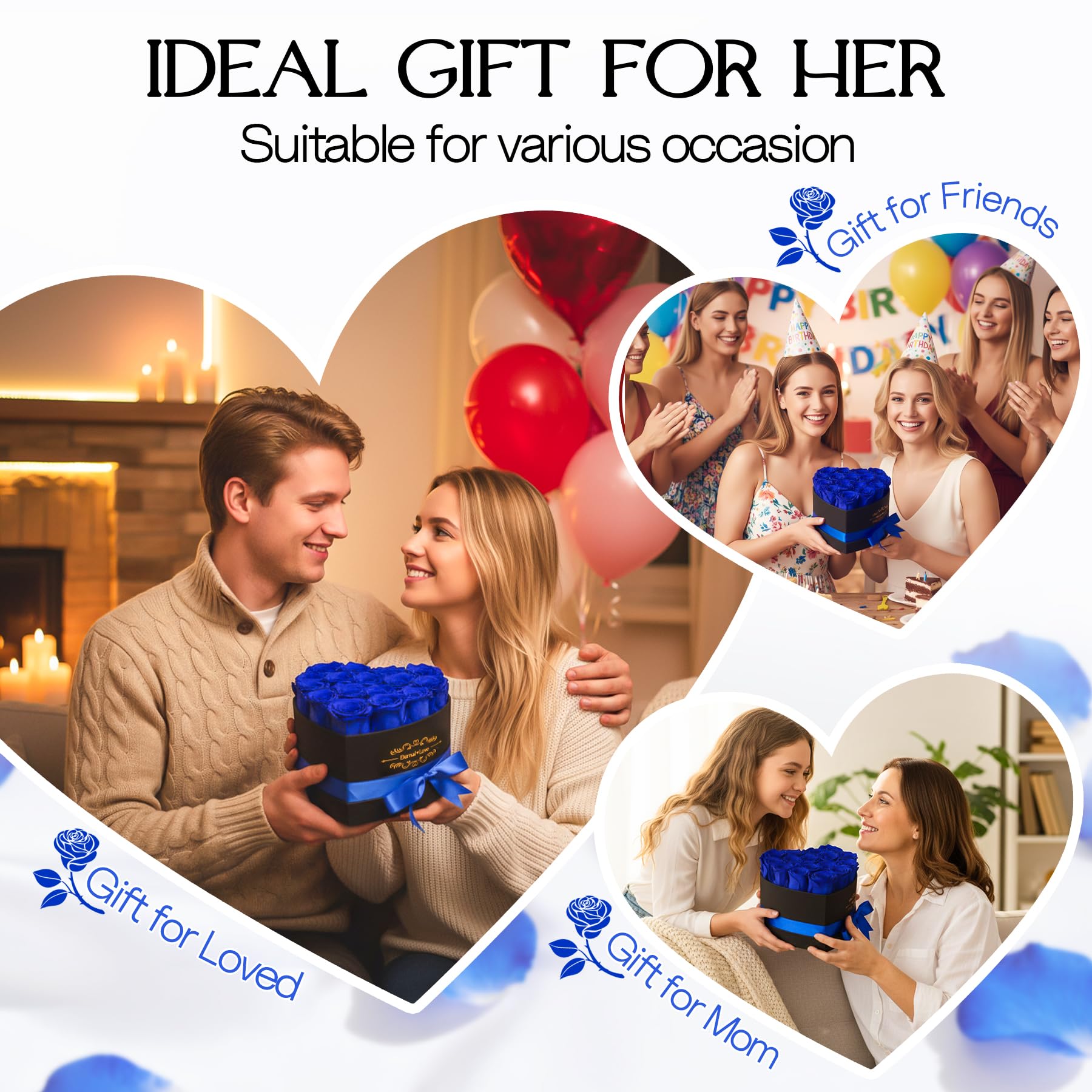 16 Rosas Eternas Azul Corazón Caja Regalo, Rosas Natural Preservada Día de San Valentín Aniversario Día de la Madre Cumpleaños Regalo romántico para Esposa Novia Mamá Abuela