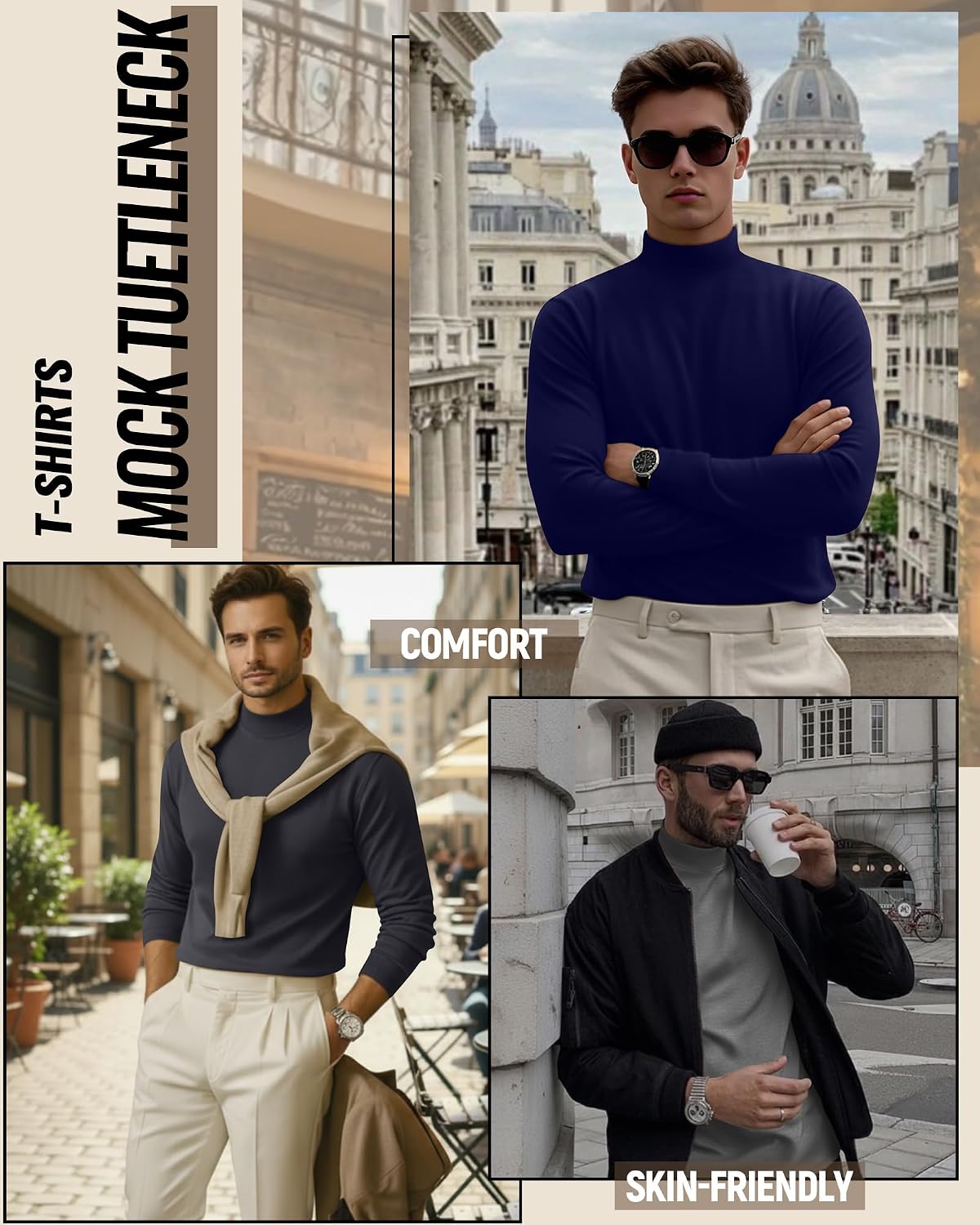 Evervibe 6 Pack Mens Mock Turtleneck Long Sleeve Shirts Thermal Mock Neck Pullover Sweater Tops Fitted Lightweight Undershirt