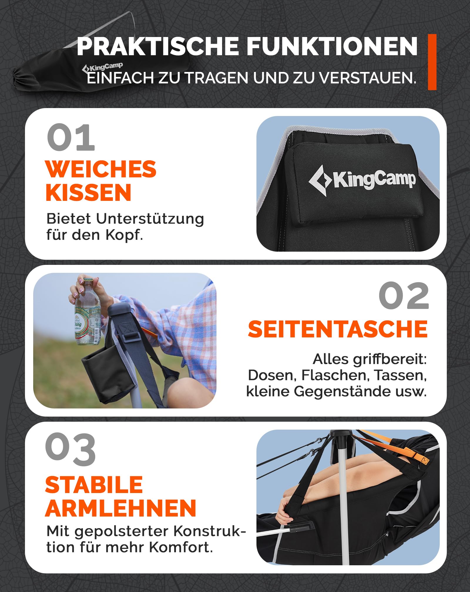 KingCamp Camping Schaukelstuhl mit Fußstütze Campingstuhl Faltbar Schwarz | 90-130° verstellbare Rückenlehne Schaukelfunktion, bis 180kg Kopfstütze Aluminiumgestell Getränkehalter für Camping & Garten