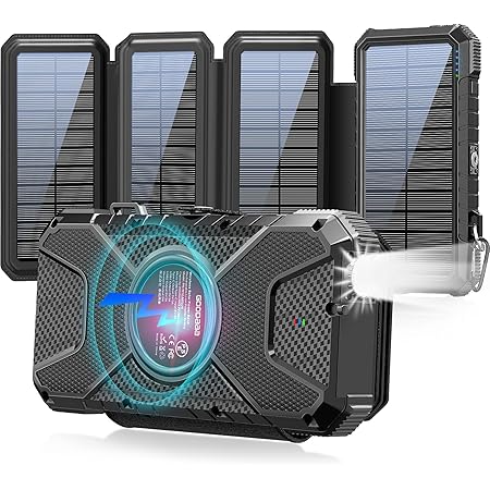 Amazon ソーラーチャージャー モバイルバッテリー 26800mah 大容量 折り畳み式 ソーラーパネル 2usb出力ポート 4枚ソーラーパネル 急速充電 高輝度ledライト付き 太陽光充電 Android Iphone Ipad など等に対応 登山 地震 災害 旅行 出張 アウトドア活動などの必携品