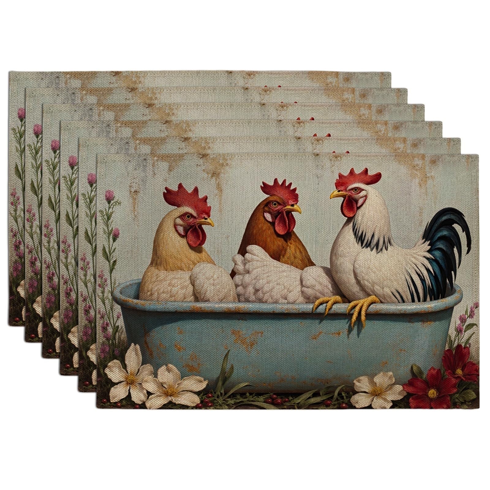 Farmhouse Rooster Placemats, Vintage Country Style Table Mats for Dining, Rustic Kitchen Non-Slip Washable Indoor Outdoor Decorative Placemat Set of 6
