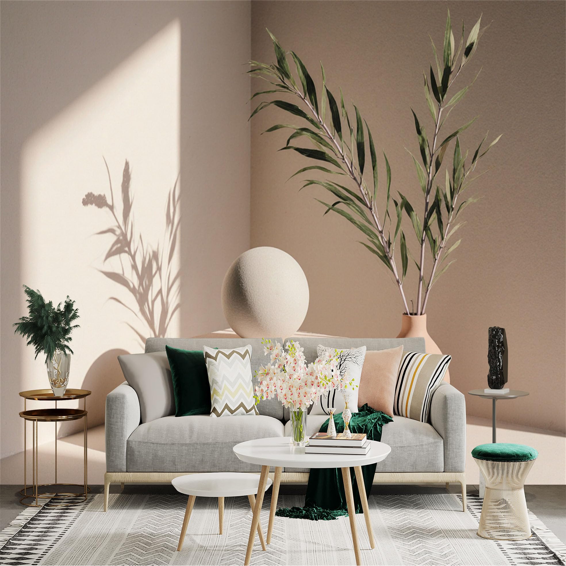 Custom Size Wall Sticker Mural， Minimalist Beige Aesthetic， Zen Stone and Botanical Plant， Soft Sunlight Shadows， for wall Decoration， peelandstick wall Decals.