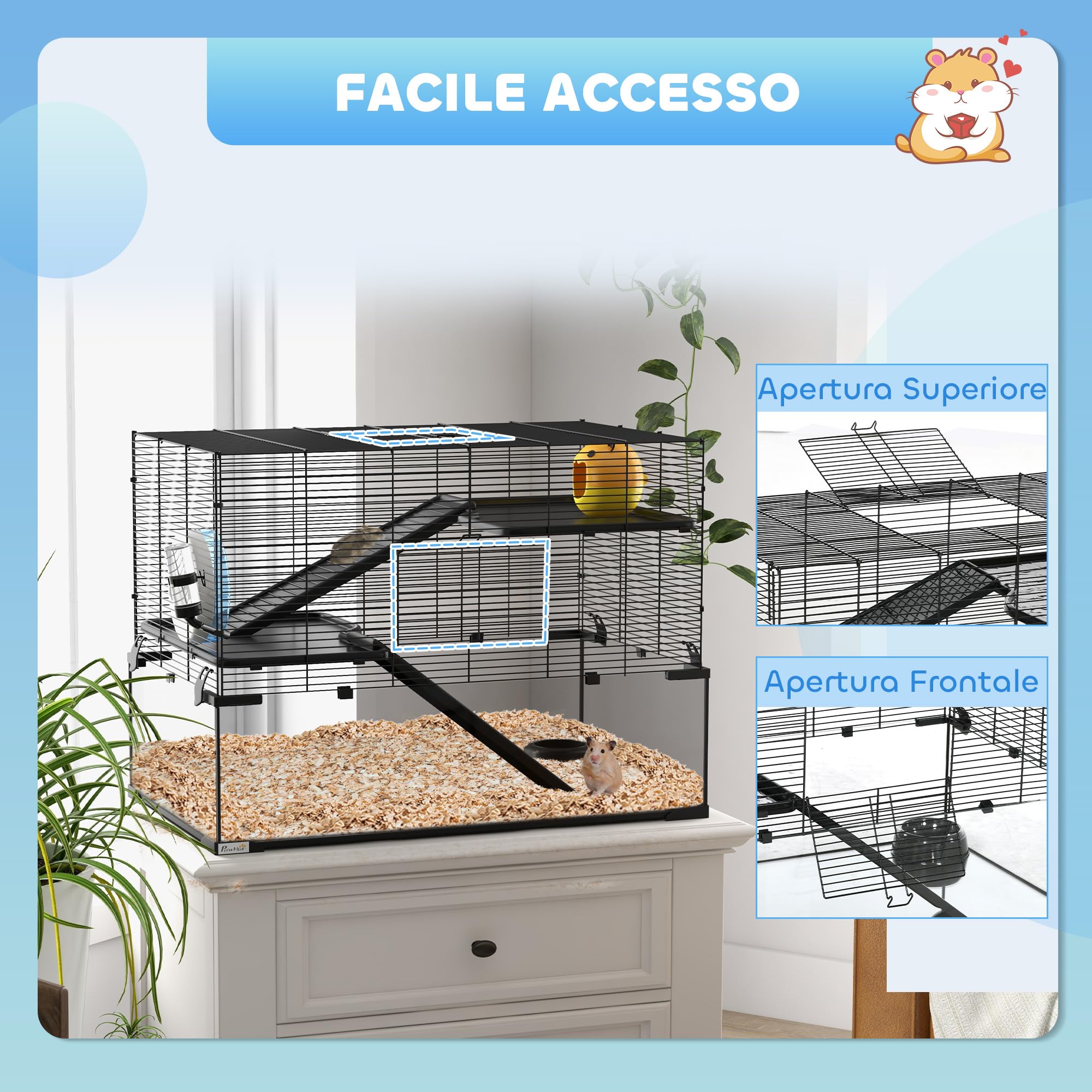 PawHut Gabbia per Criceti, Gabbietta per Criceti, Gerbilli e Piccoli Animali in Filo d'acciaio e Vetro con Ruota, Piattaforme, Rampe, Base Rimovibile, Beverino e Mangiatoia, 76.5x48.5x54.5 cm, Nero