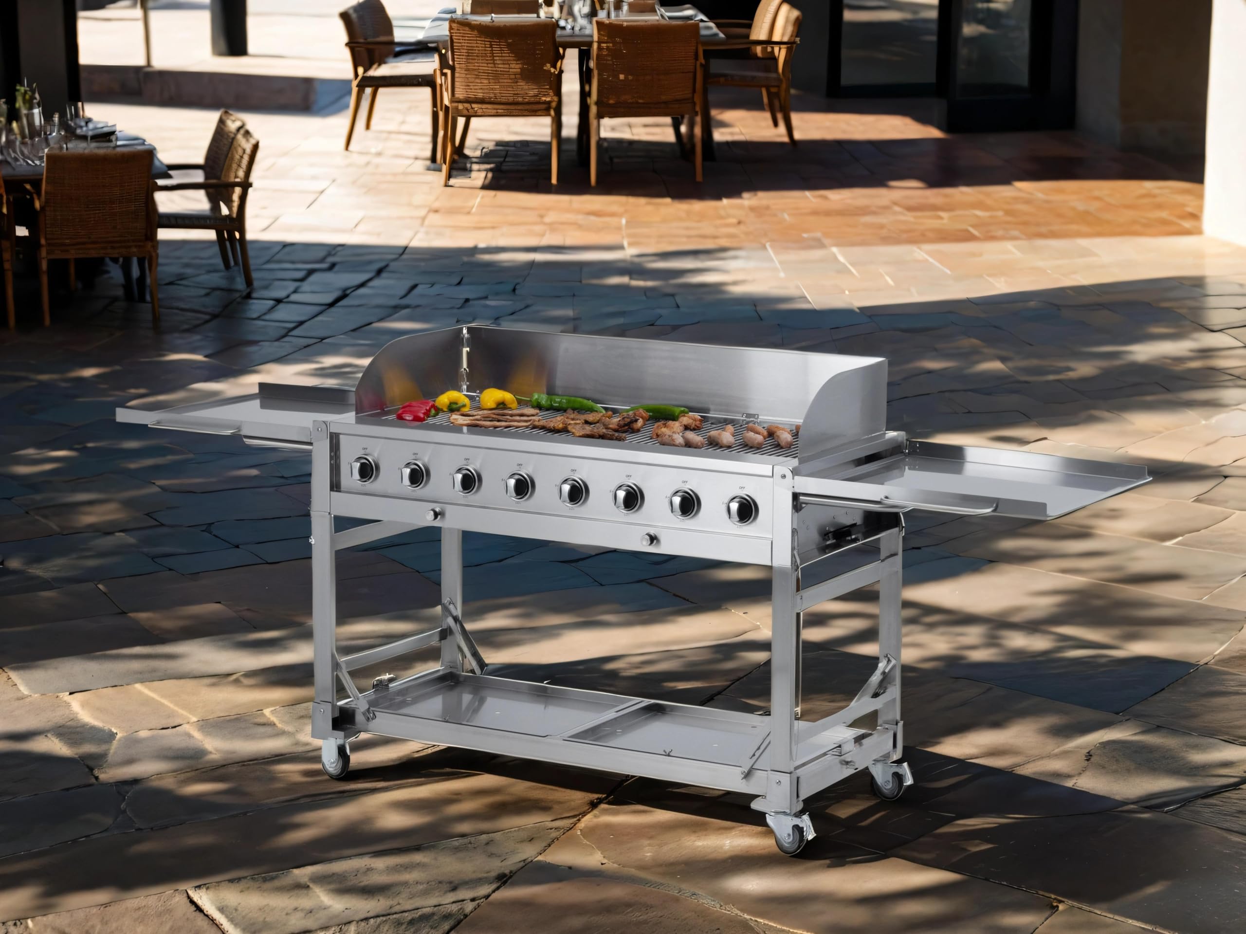 METRO Professional Barbecue à Gaz, Acier Inoxydable, 8 Brûleurs, 32 kW, Puissance 116 000 BTU, 4 Grilles de Cuisson, Roulant, Tables Pliables, Argent