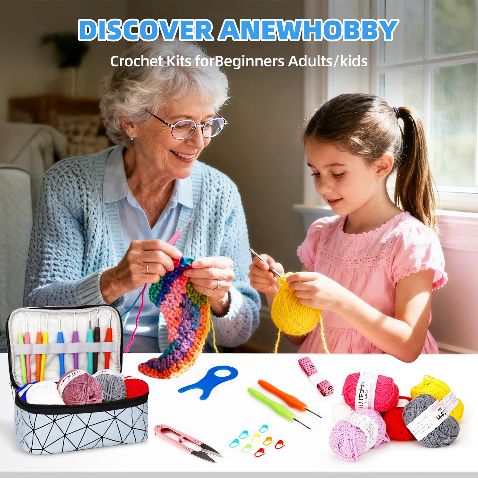 WUSUPU Uncinetto Set,105 pezzi Kit Uncinetto Principianti,set di uncinetti con 18 lana,Kit Principianti,accessori all'uncinetto,uncinetti ergonomici con manico morbido e ago in metallo, 2,0 – 10 mm