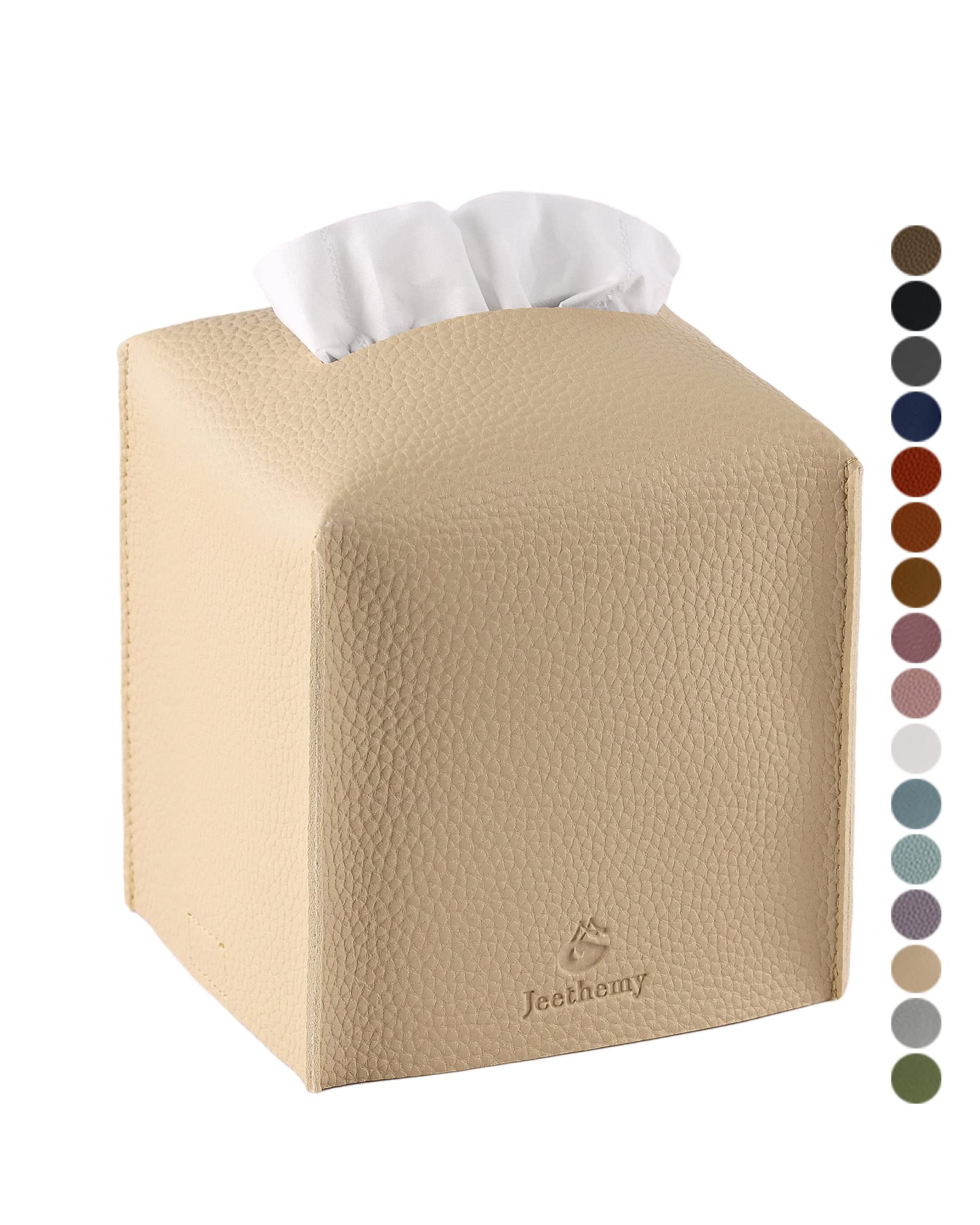 Jeethemy Single Beige Tissue Box Cover, Square Pu Leather Tissue Box Holder, Modern Tissue Case Facial Paper Organizer Dispenser，5X5x5'',