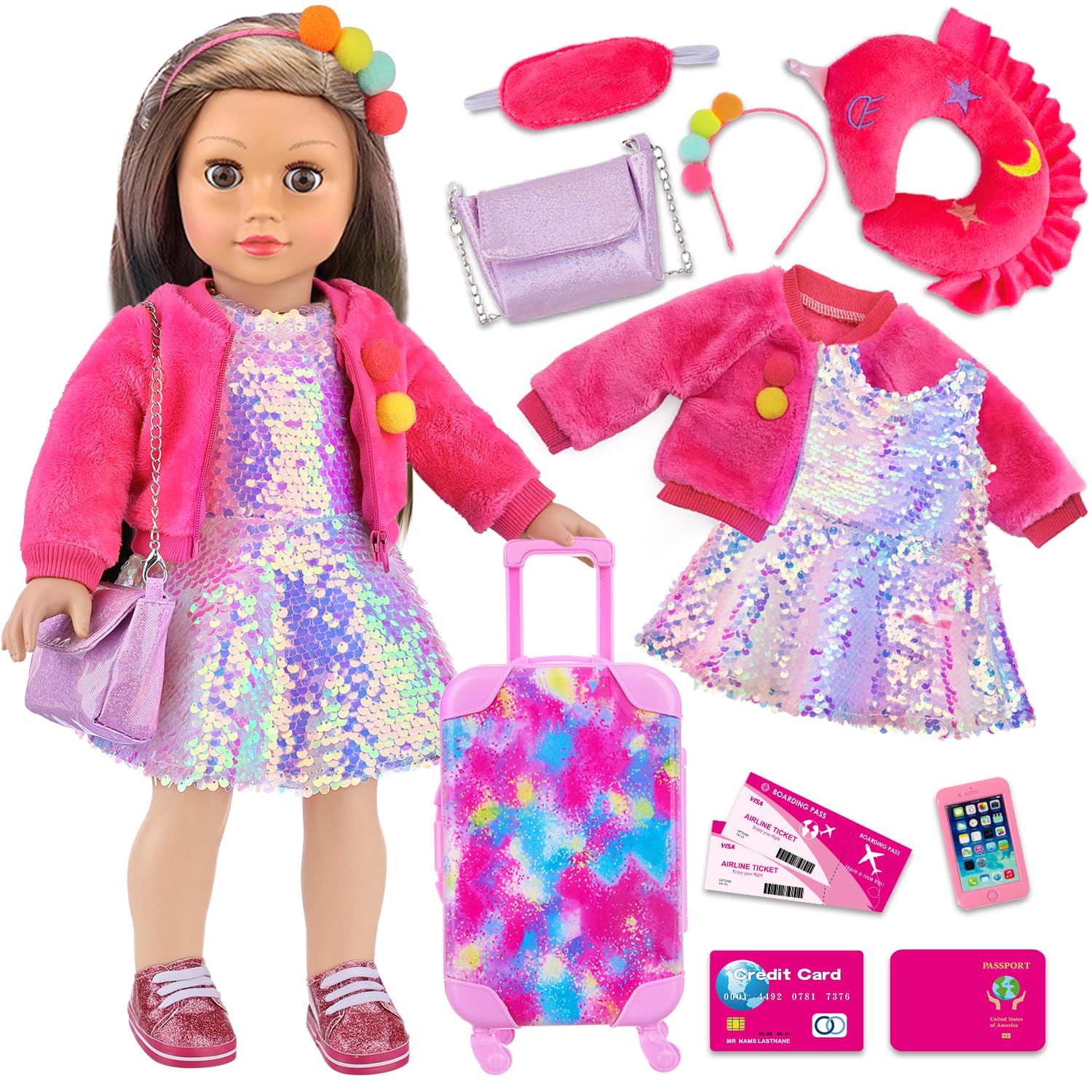 K.T. Fancy 18 Inch American Doll Clothes and Accessories, Doll Travel Suitcase Playset for Girls, Cute Travel Doll Clothes for 18 Inch Girl Doll(Not Include Doll & Shoes)