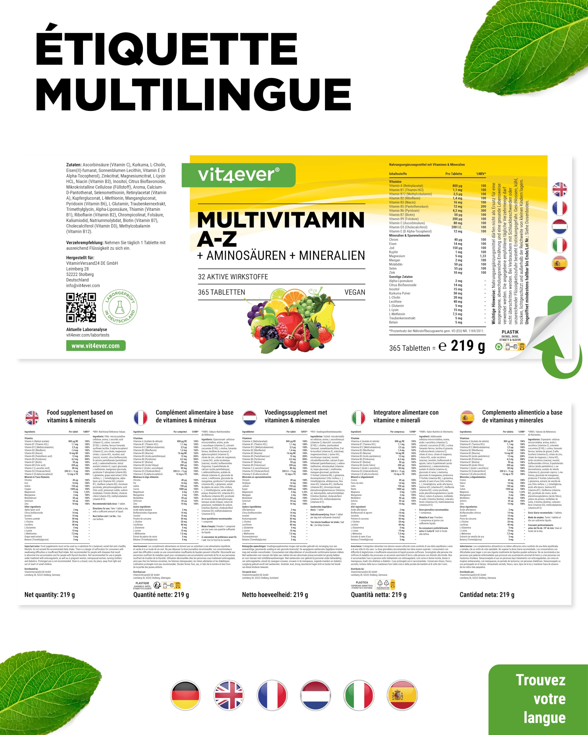 Multivitamine A-Z - 365 comprimés (12 mois) - 32 principes actifs - Combinaison de minéraux + acides aminés + oligo-éléments + extraits de plantes - Vegan - Fortement dosé