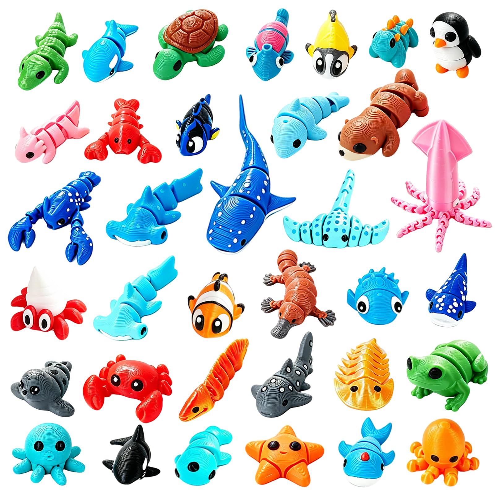 KutaKuta 35 PCS 3D Printed Marine Animals - Colorful Movable Joint 3D Printed Fidget Toy, Mini Animal Toys Set for Adults Teens, 3D Printed Toys Cute Desk Decor for Home Office, Christmas Party, Gifts