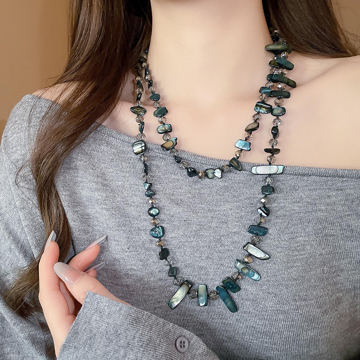 K-Elewon Colorful Irregular Beaded Long Necklace Bohemian Vintage Double-layer sweater chain Shell Beaded Long Necklace Boho Glass Beads Handmade Costume Jewelry for Women CH03 - Image 2