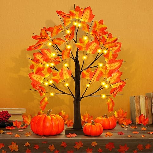KatchOn Árbol de arce artificial con luces, 24 pulgadas, 24 luces LED para decoración de otoño y Acción de Gracias