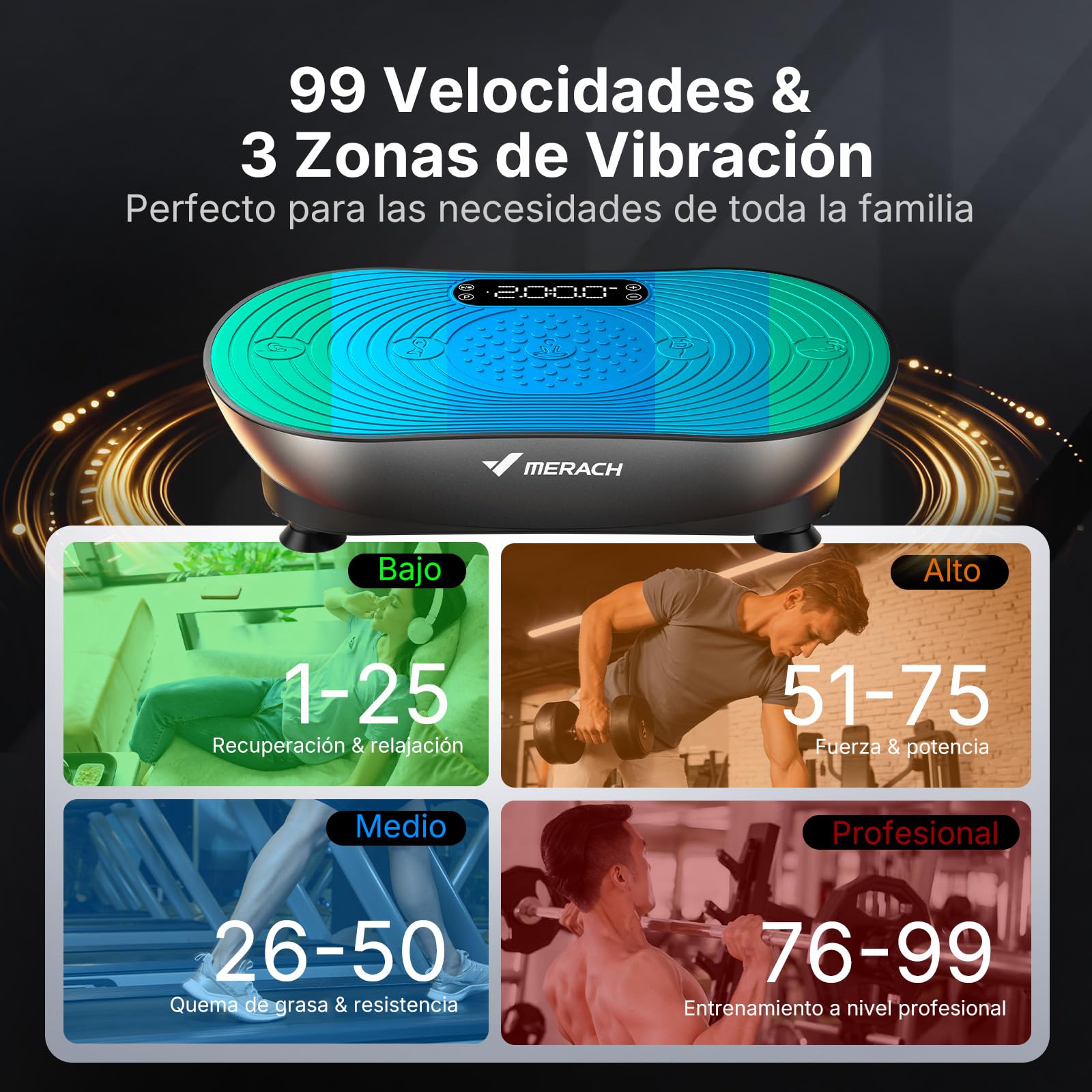 MERACH Plataforma Vibratoria para Entrenamiento Y Modelado, con 99 Niveles De Velocidad, Altavoz Bluetooth Integrado, Pantalla Táctil Led Y Cordones Elásticos