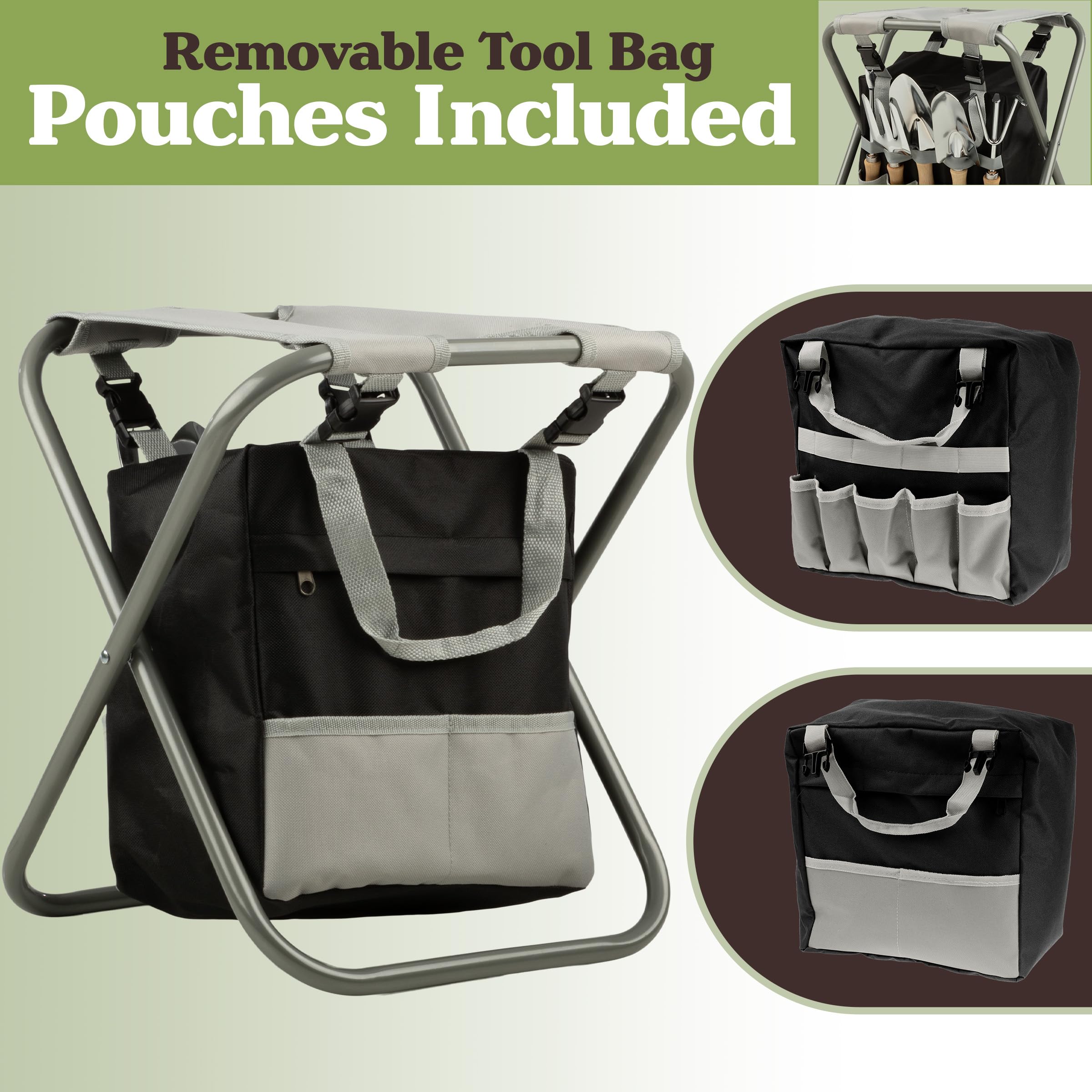 Pure Garden Gartenwerkzeug-Set – Klapphocker mit 113 kg Kapazität, Abnehmbarer Tasche mit 7 Taschen und 5 Gartengeräten zum Jäten und Pflanzen (Grau)