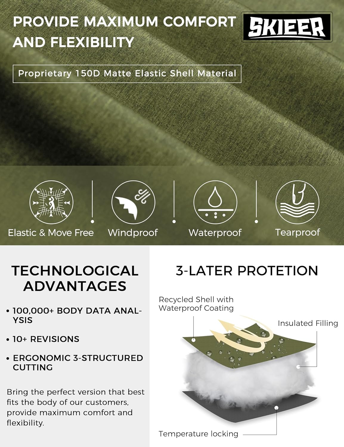 Skieer Men's Mountain Waterproof Ski Jacket Winter Rain Jacket Warm Fleece Snow Coat - Image 4