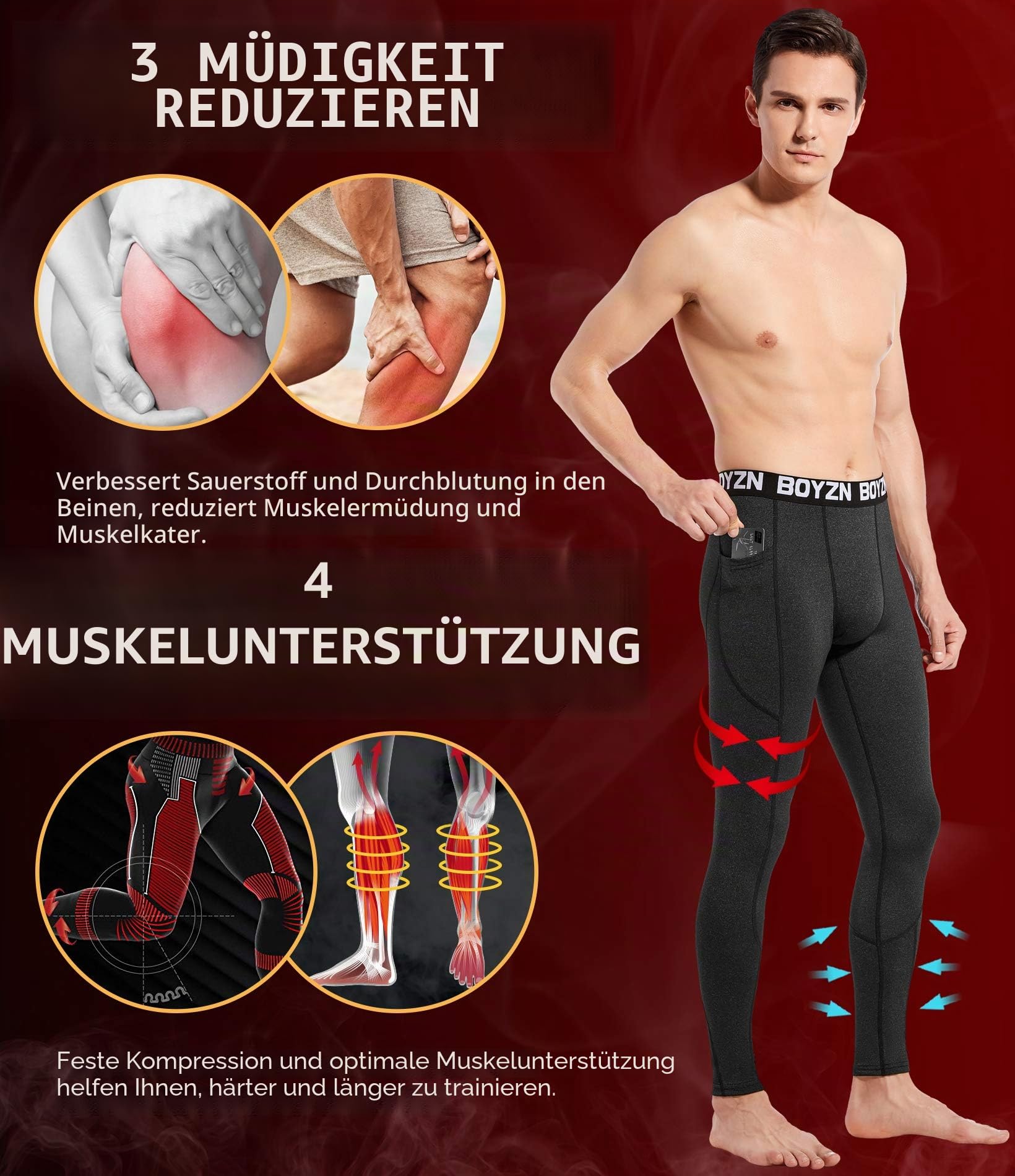 Boyzn 1 or 2,3 Pack Kompressionshose Herren, Funktionsunterwäsche Sport Leggings für Herren, Laufhose Unterhose Lang Strumpfhose Fitness Tights mit Taschen/Ohne Tasche für Laufen Radfahren Basketball