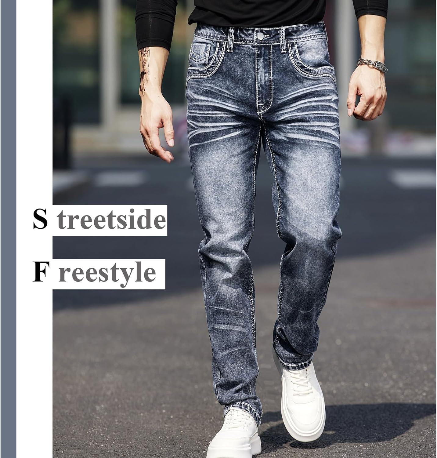 Men's Jeans - Embroidery Washed Crackle Design Jeans Relaxed Fit Stretch Casual Jeans Comfortable Classic Fit Jeans - Image 2