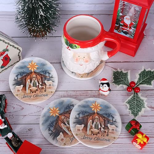 Miniatura 6 de Whaline Juego de 4 posavasos de Navidad para bebidas de la noche santa absorbentes de cerámica natural patrón de pesebre para tazas hogar cocina