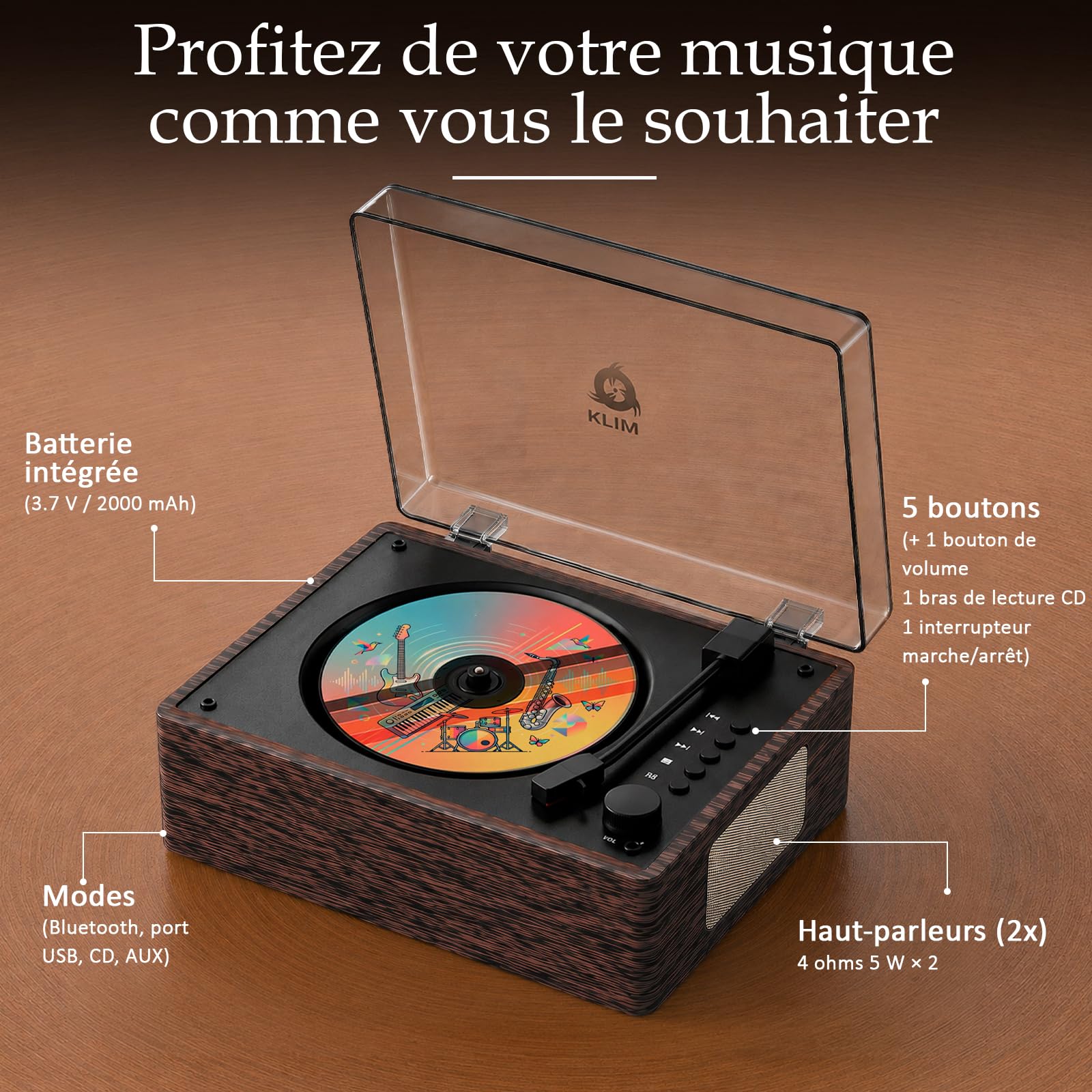 Heritage Lecteur CD Bluetooth de Salon - Haut-Parleurs Intégrés - Radio FM