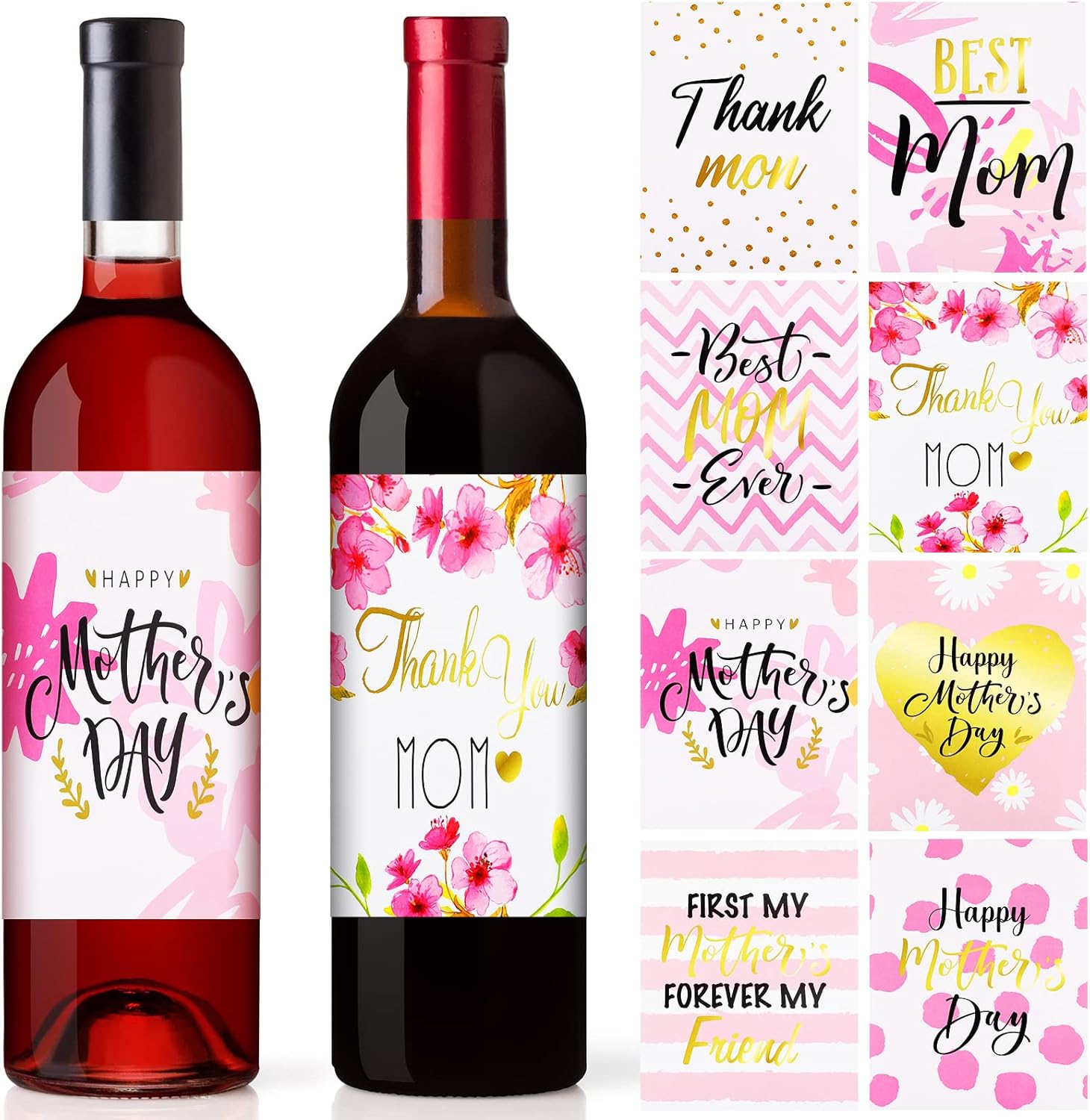 Spakon 32 Pieces Mother's Day Wine Labels Stickers for Mom 4x5 Inch Floral Wine Bottle Decoration Gift for Happy Mother's Day Party Favor Supplies Birthday Celebration Table Decor