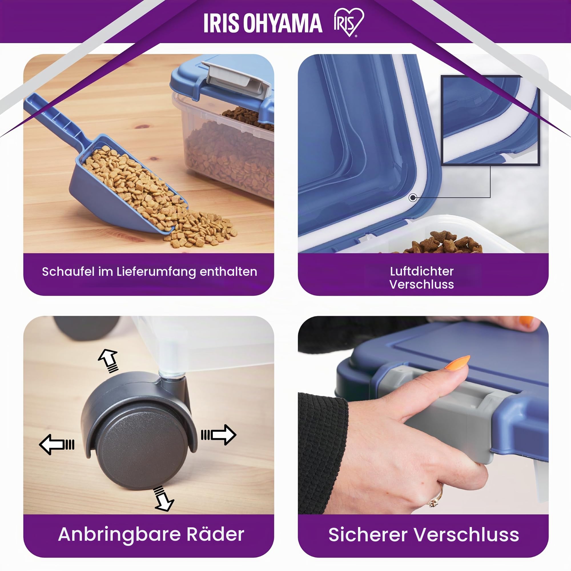 Iris Ohyama Katzenfutter Aufbewahrung mit Rollen, 30L+10L, Blau, Luftdichte Futterbox, Trockenfutter, Futterbehälter, Für Hunde, Katzen, Tierfutterbehälter, Schaufel, BPA-frei, Futtertonne, MP-8&MP-1