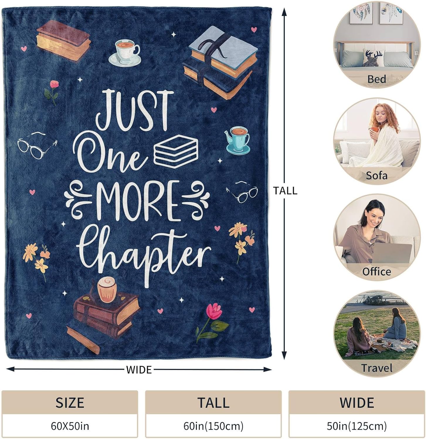 Book Lovers Gifts, Teacher Gifts for Women Men Book Lover Throw Blanket, Birthday Gift for Women, Librarian Birthday Gift for Friends 60" x50 (Navy Blue) - Image 7