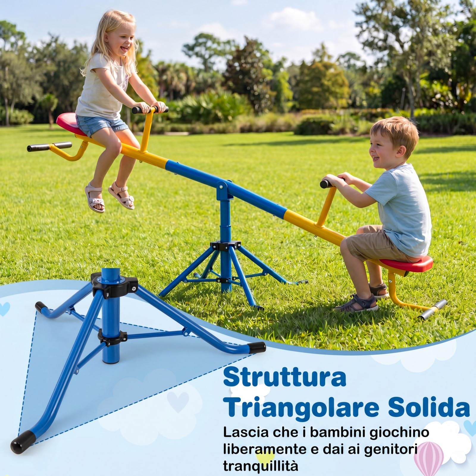COSTWAY Altalena Basculante per Bambini, Altalena Saliscendi a 360° con Fermo per le Gambe, Altalena Basculante per Esterno Cortile e Parco Giochi, 2 Posti a Sedere