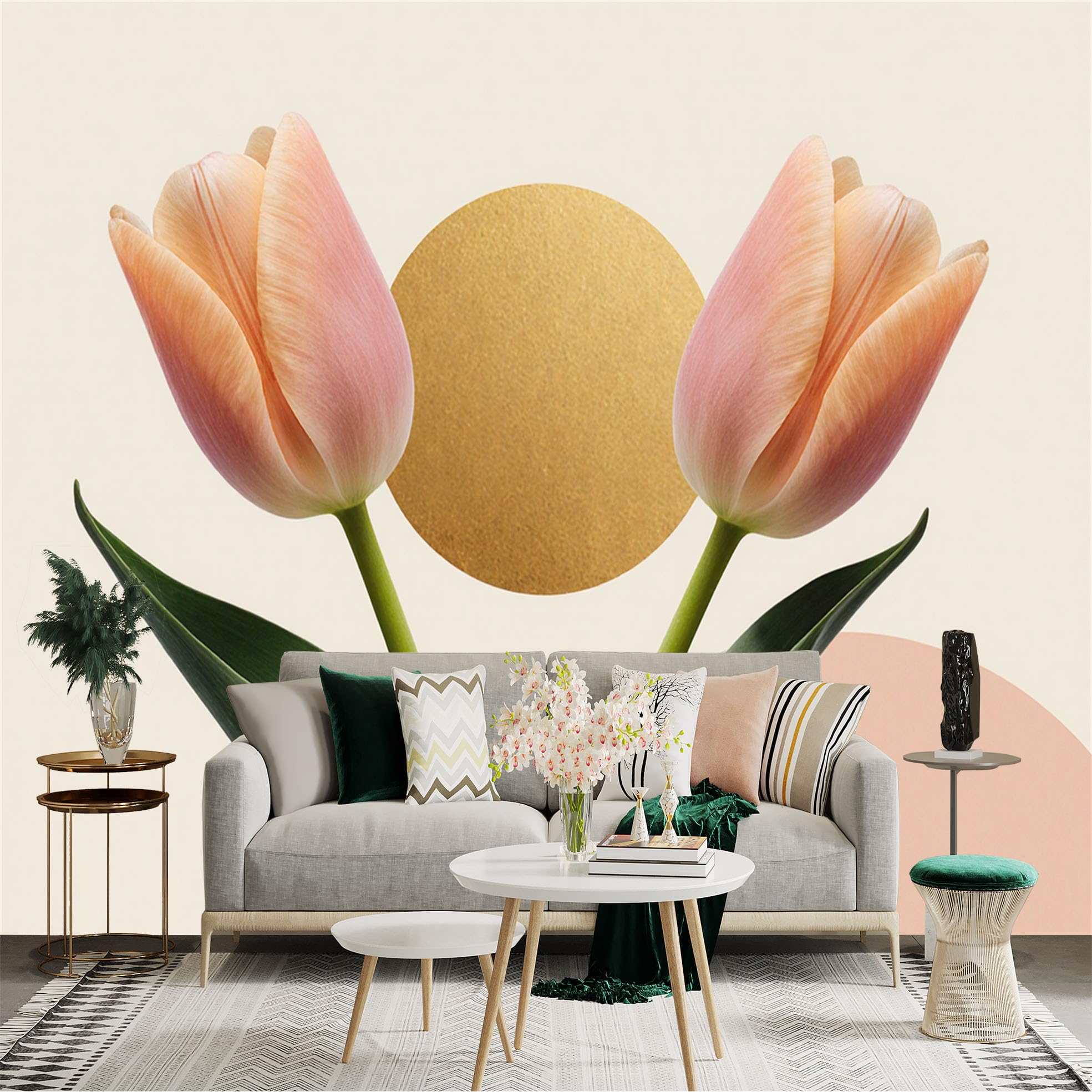 Custom Size Wall Sticker Mural， Soft Peach Tulips， Minimalist Gold Circle Accent， Modern Floral Botanical Art， for wall Decoration， peelandstick wall Decals.