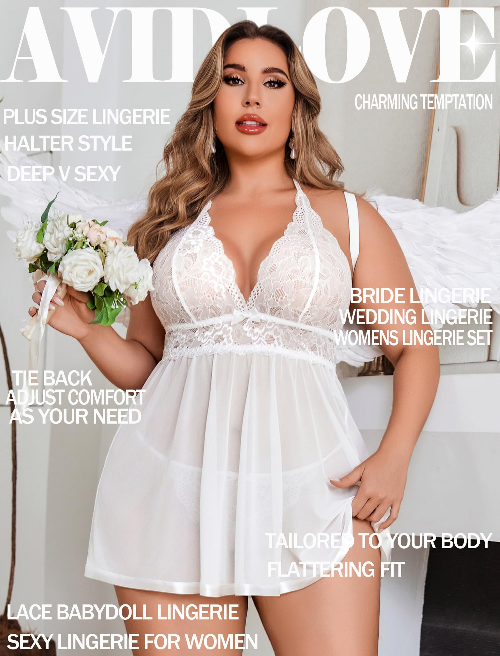 Avidlove Women Plus Size Babydoll Lingerie Lace Chemise Mesh Sleepwear: White 3X-Large