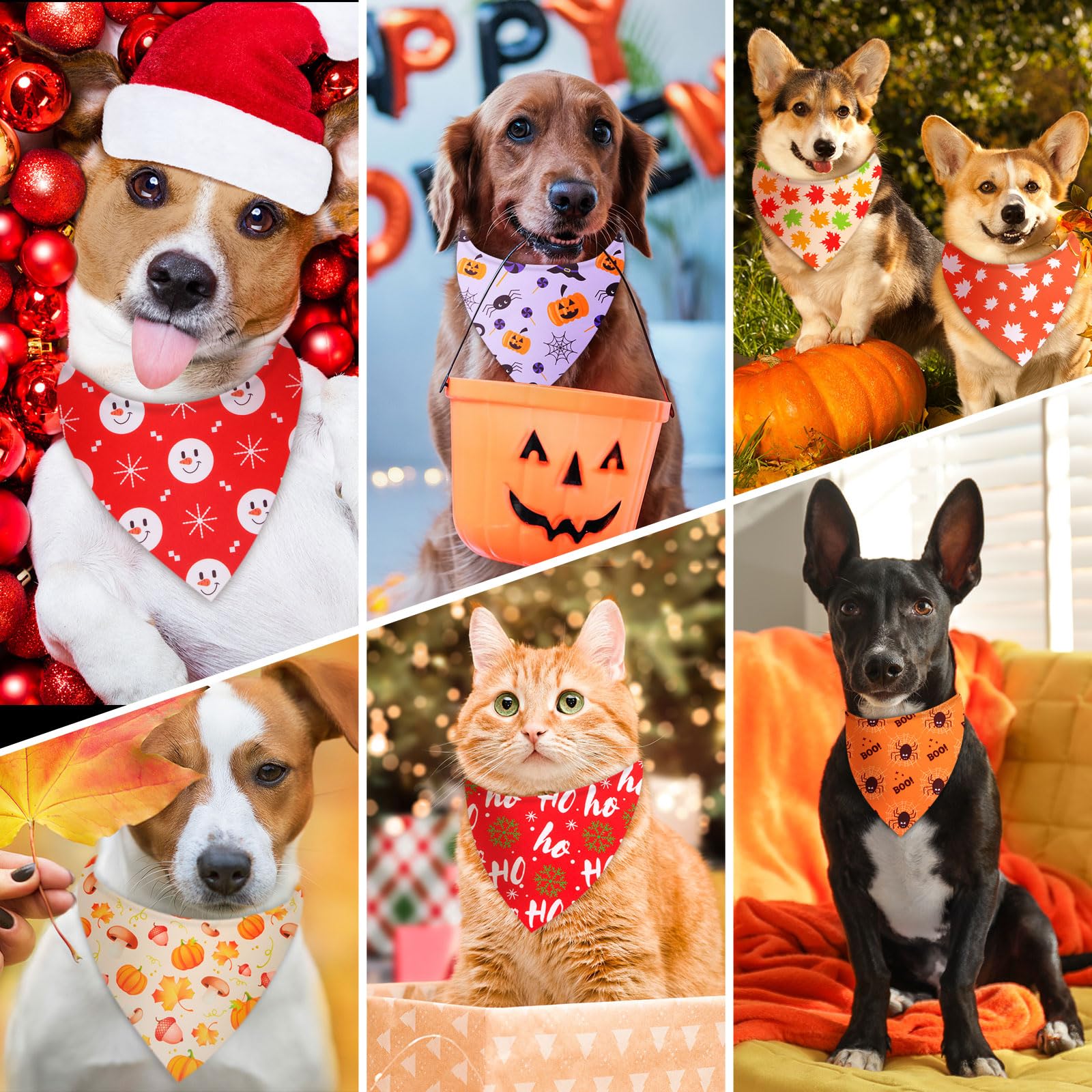Chunful Lot de 120 bandanas pour chien pour l'automne, Thanksgiving, Halloween, Noël avec motif feuille d'érable, citrouille, fantôme, bonhomme de neige, triangle réglable pour animal domestique pour