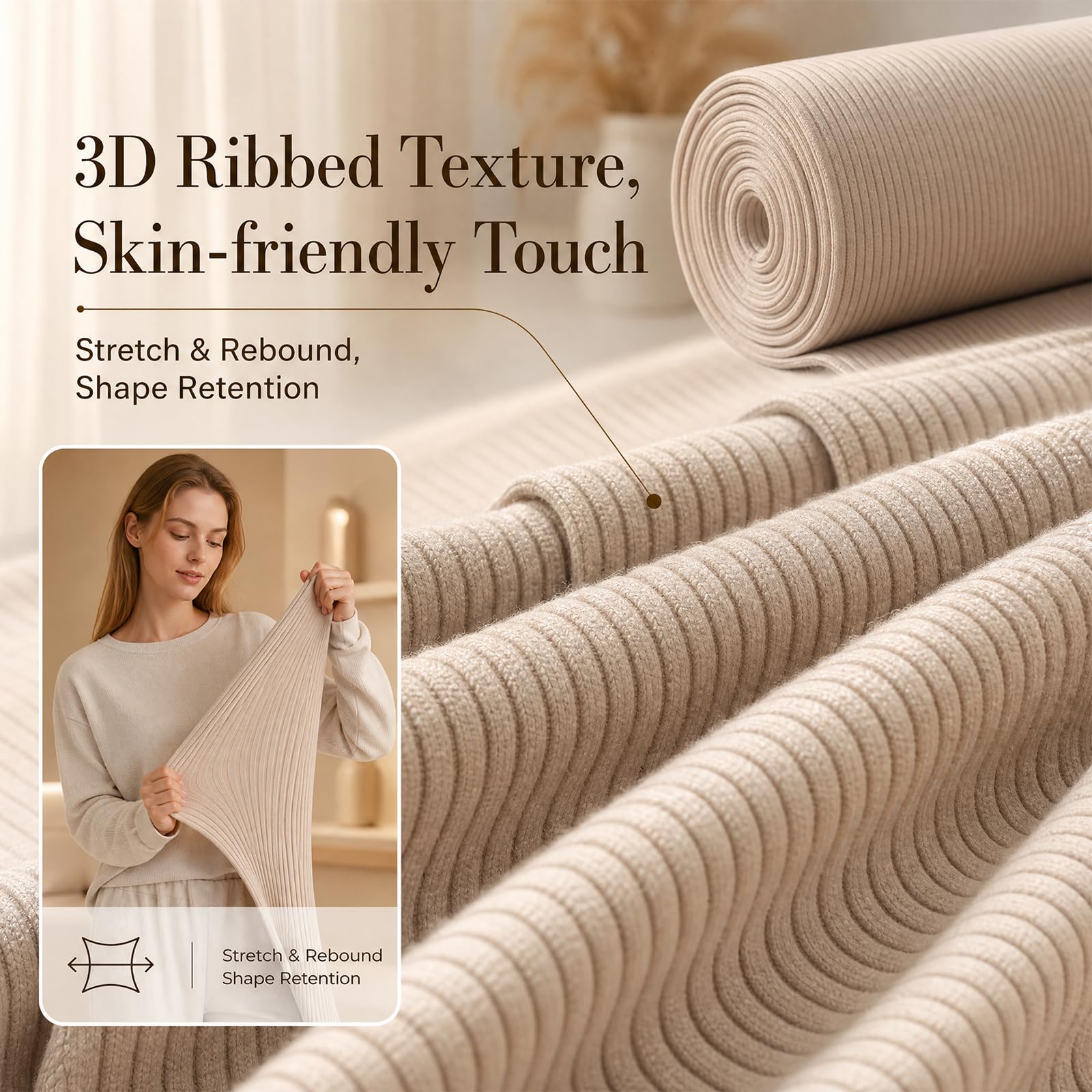 Stoff Meterware Cordstoff-Polsterstoff Möbelstoff Stoffe Zum Nähen,Cordstoff Meterware,Waffelpique Stoff,Ideal Für Bettwäsche Decke Kinder Tuch Baumwolle Fabric Musselinstoff (Beige, 140x500cm)