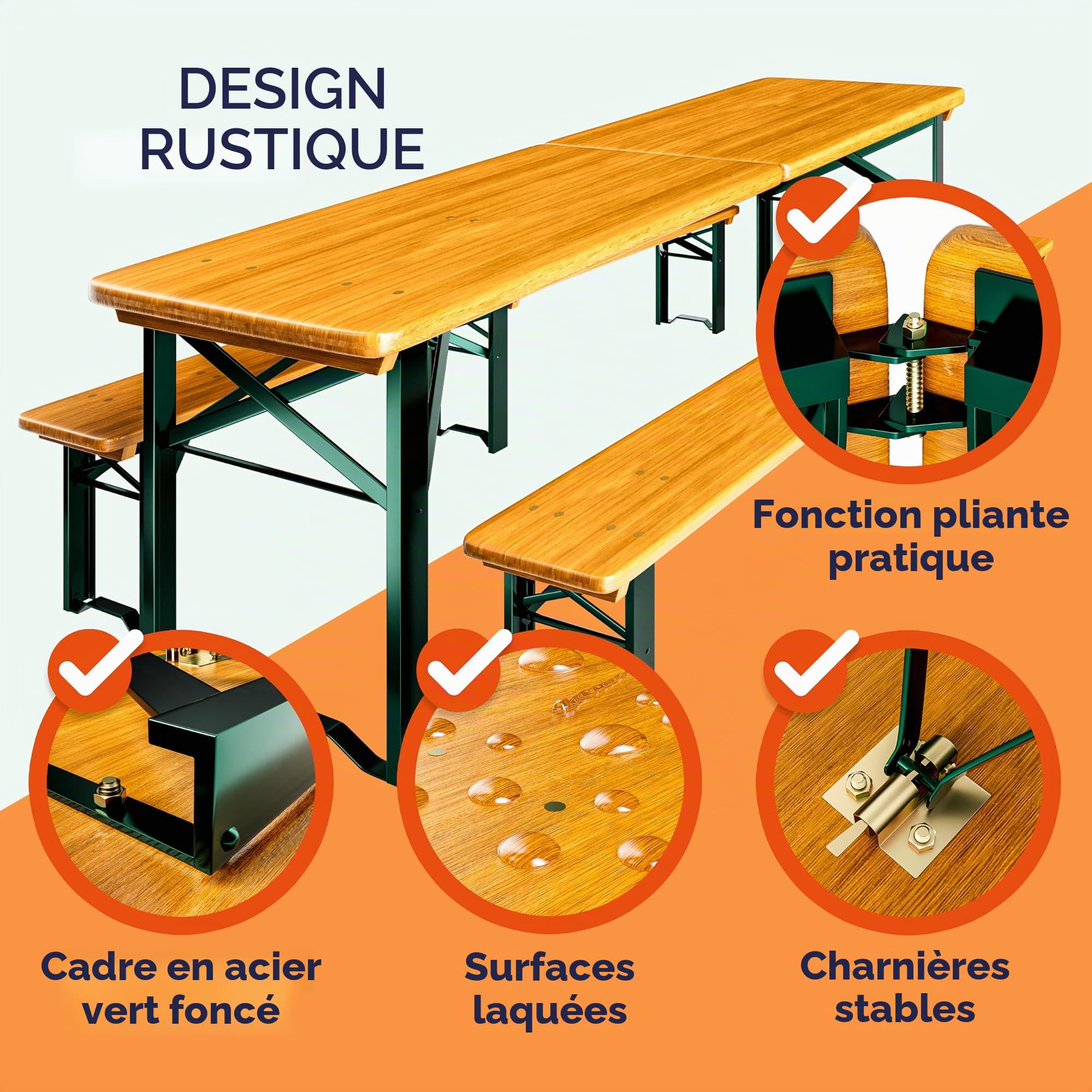 Casaria Ensemble Table et 2X bancs Bois Pliable