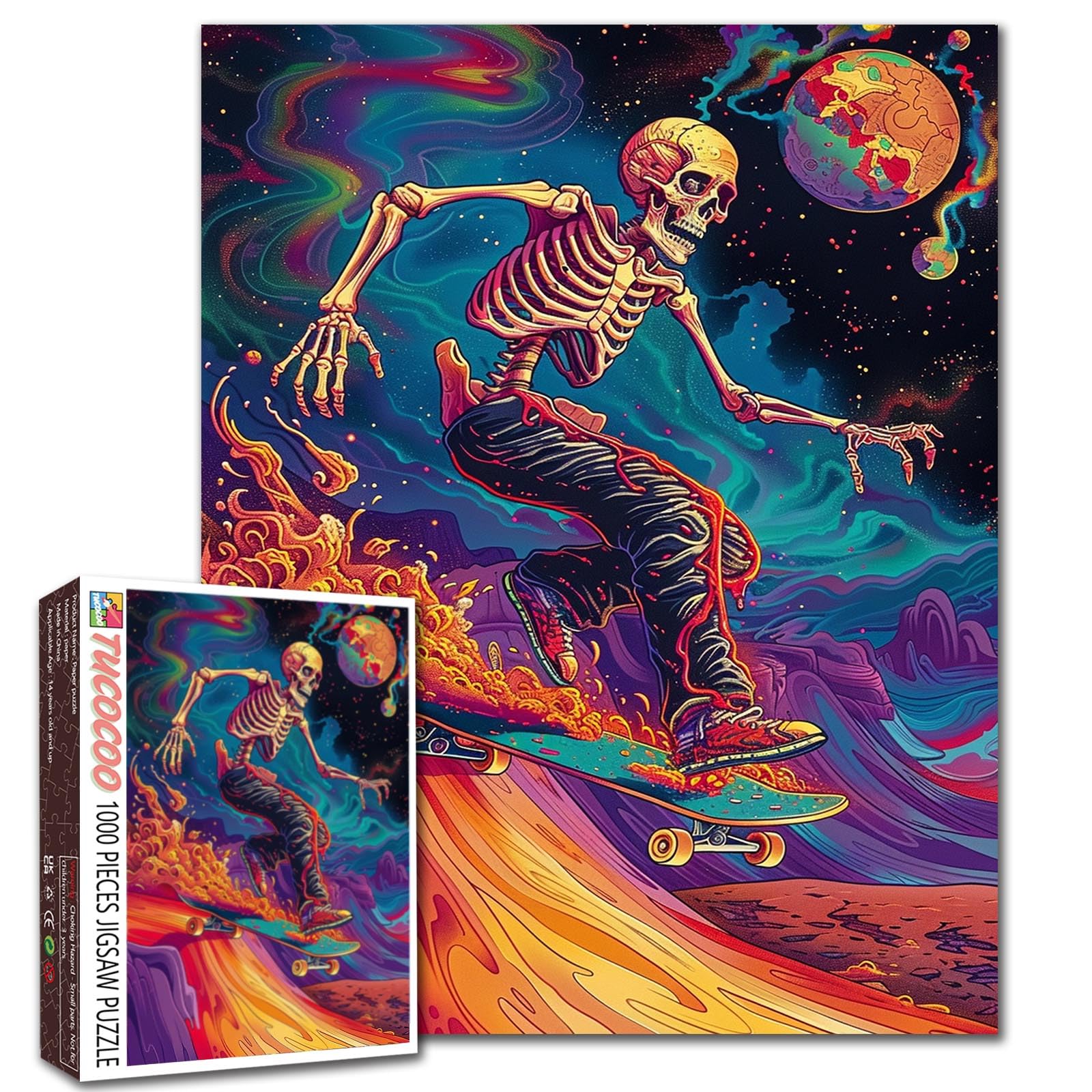 Tucocoo 1000 Piece Jigsaw Puzzles for Adults Skeleton Skateboard Painting Puzzle Psychedelic Trip Art 1000 Pieces Puzzles for Challenging Family Activity Game Colorful DIY Puzzle Wall Decor Gifts โ image 1