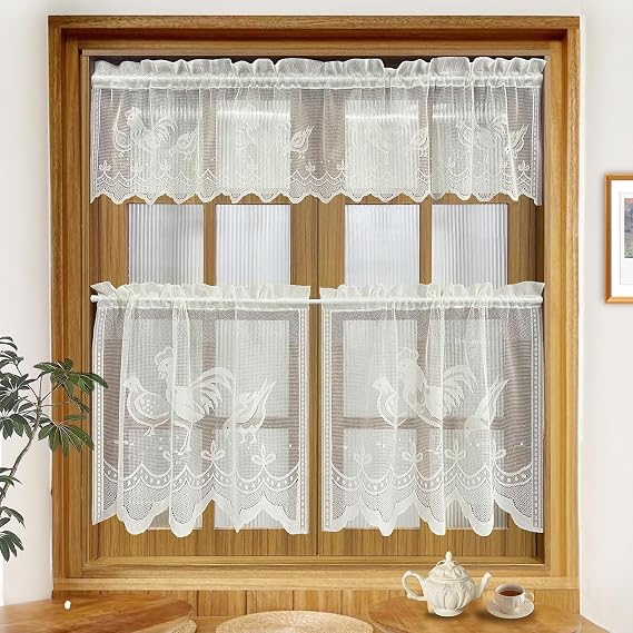 Ivory Lace Sheer Curtain Valance and Tier 3 Piece Curtains
