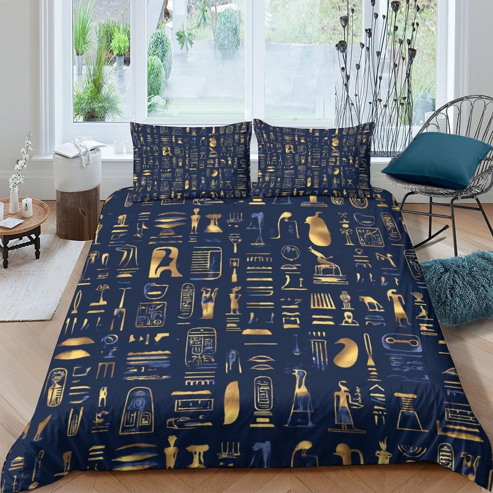 All Season 3D Design Microfiber Ancient Egypt Quilt Cover Breathable Bedding Set with Pillow Shams Egyptian Hieroglyphic Duvet Cover All Season Machine Washable for Teens Adults Double（200x200cm）