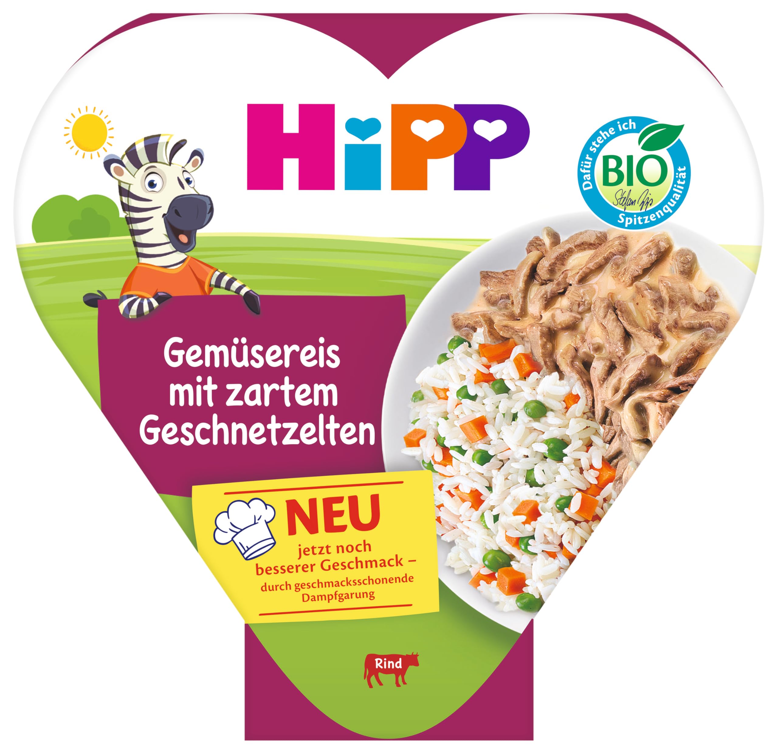 HiPP Bio Gemüsereis mit zartem Geschnetzelte (6 x 250g), Menü ab 1 Jahr, schonend dampfgegart, vegetarisch, kindgerecht gewürzt, in Bio-Qualität