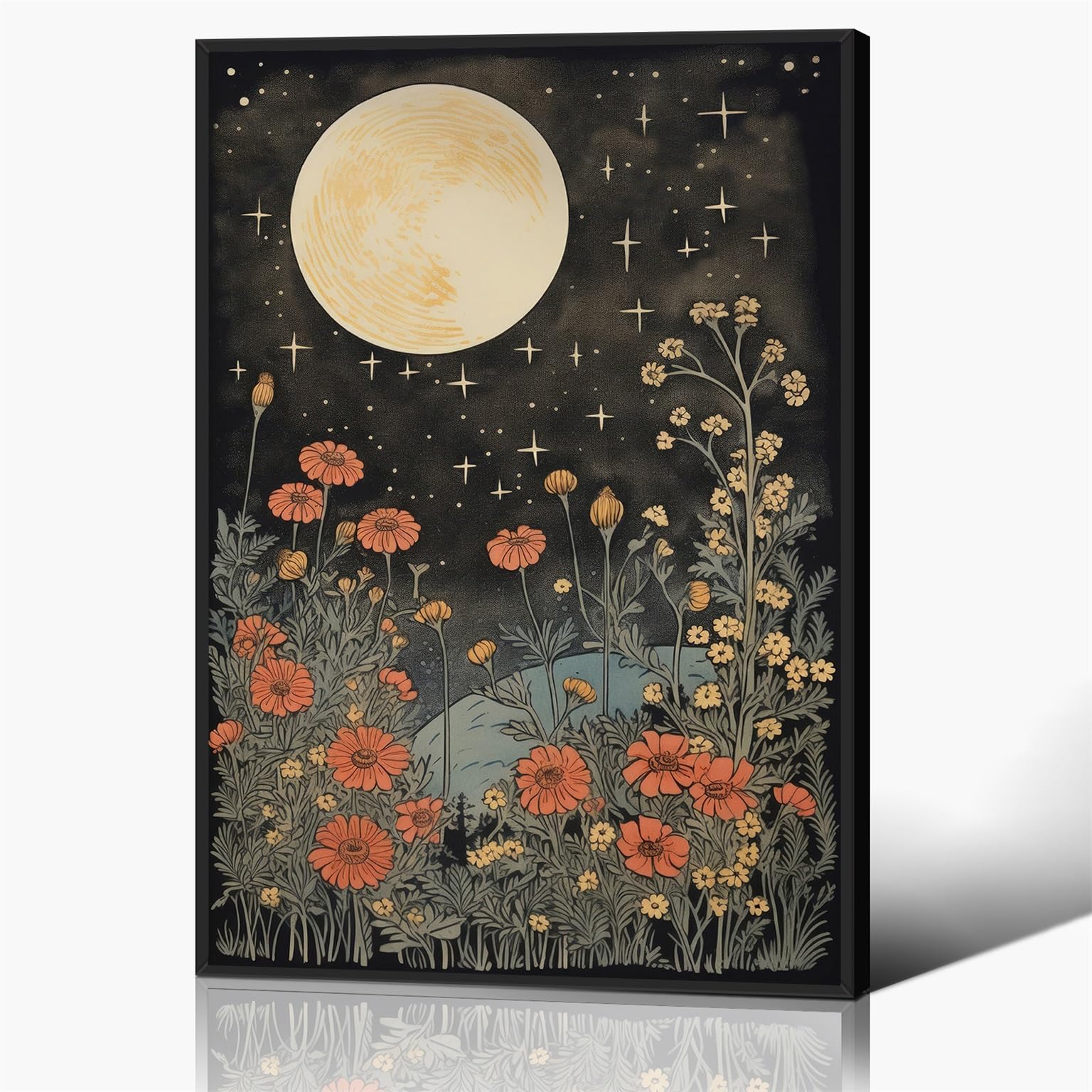 Vintage Moon Flowers Canvas Wall Art, Retro Mystical Celestial Moon Poster, Rustic Orange Yellow Wildflower Field Print, Cottagecore Ethereal Moonlight Botanical Floral Wall Decor 24x36in Framed — image 1