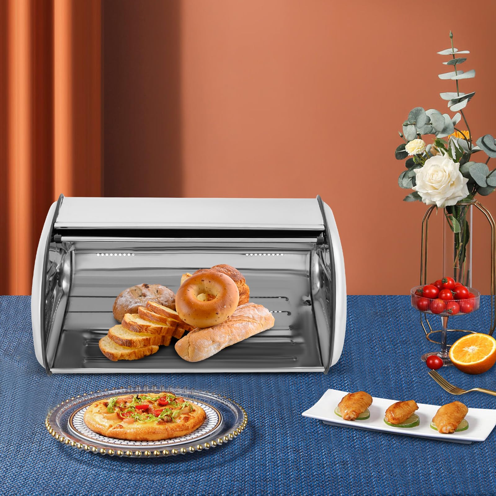 Panera de acero inoxidable 410 con tapa enrollable y orificios de ventilación, grande para hoteles, pensiones, comedores, hogares, cocinas y panaderías, color plateado