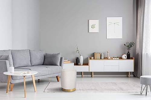 Miniatura 7 de BIRDROCK HOME Taburete otomano redondo de terciopelo con diseño de celosía y ribete dorado, reposapiés suave y acolchado para sala de estar o