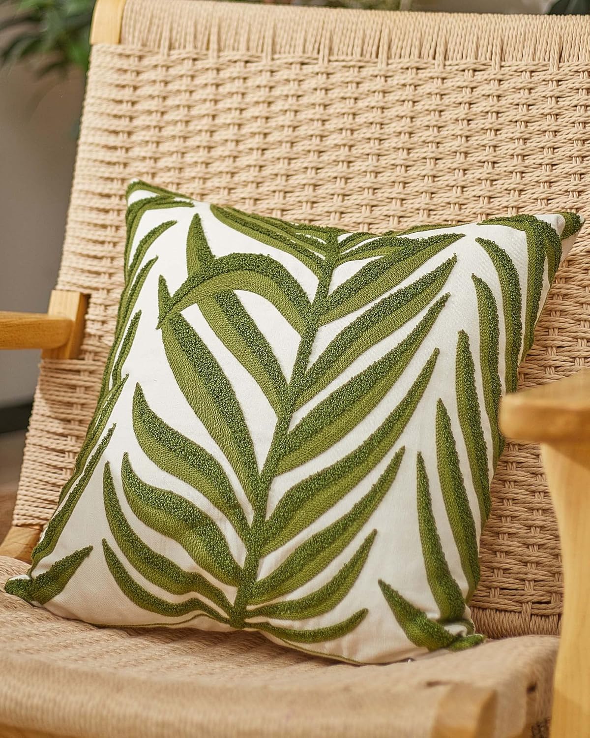 Summoning Green Leaf Throw Pillow Covers 18x18, Plant Embroidered Pillows Decorative