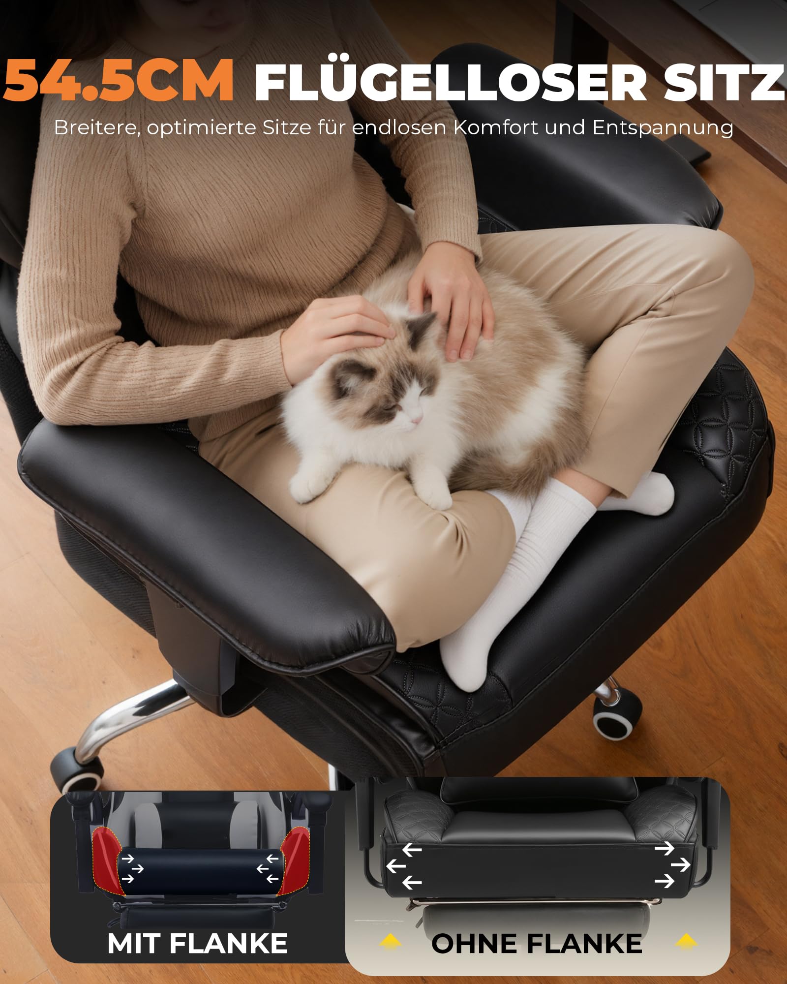 COMHOMA Ergonomischer Gaming Stuhl, Bürostuhl 180 kg, mit Verstellbarer Lendenstütze & Fußstütze, Hybrid-Design aus Kunstleder & Mesh, 150° verstellbare Rückenlehne, hoher Chefsessel, Schwarz