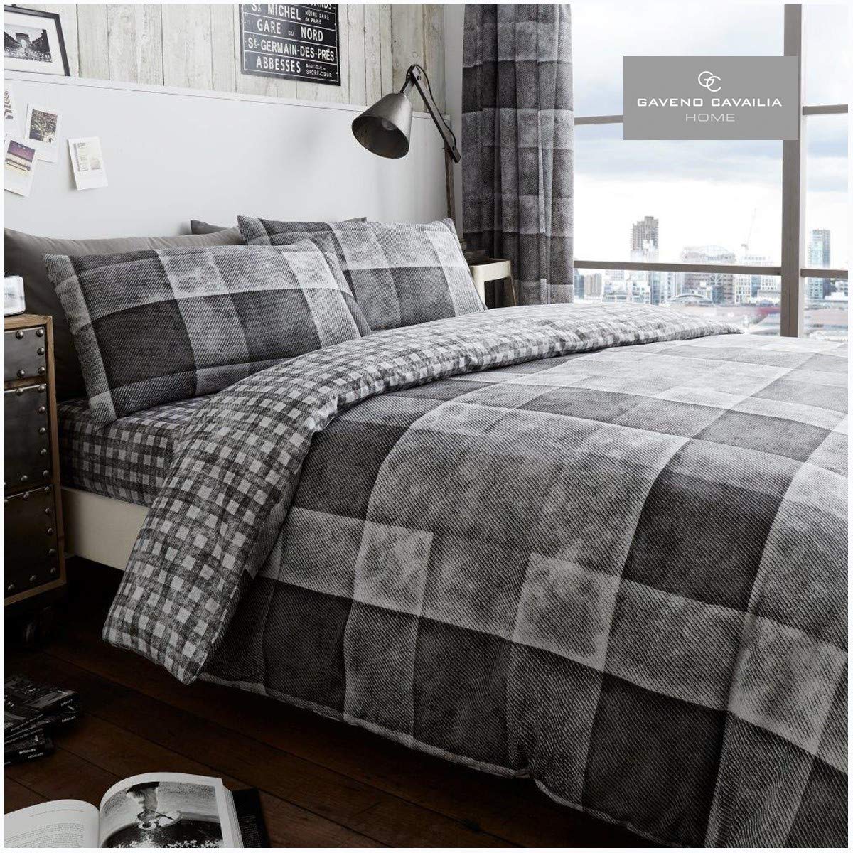 Gaveno Cavailia Contemporary Gingham Style Duvet Cover Quilt Bed Set With Pillow Case, Reversible, Poly Cotton, Denim Check Grey, Double Size Bedding