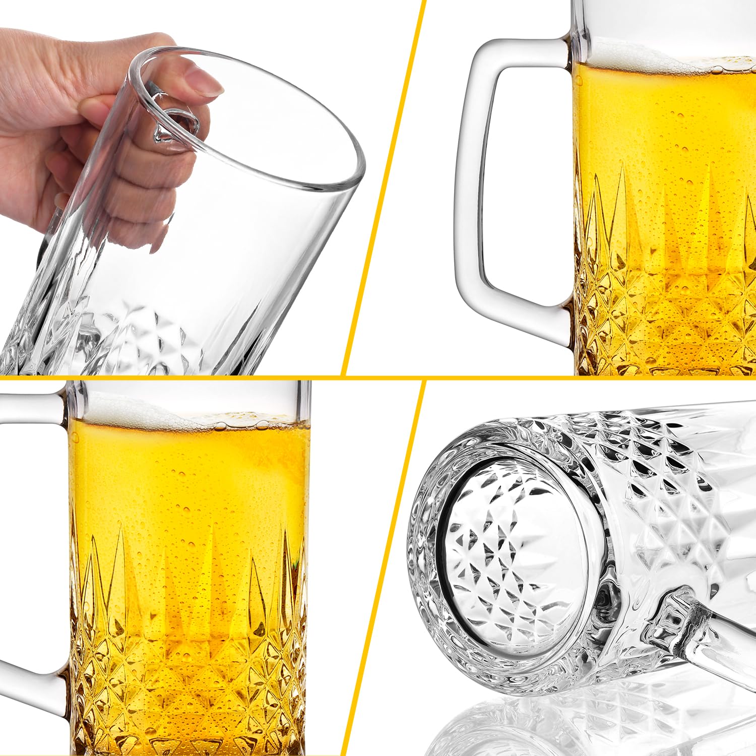 Lot de 2 tasses à bière en cristal de 591 ml avec poignée, tasses à bière en verre pour congélateur, cadeaux pour homme
